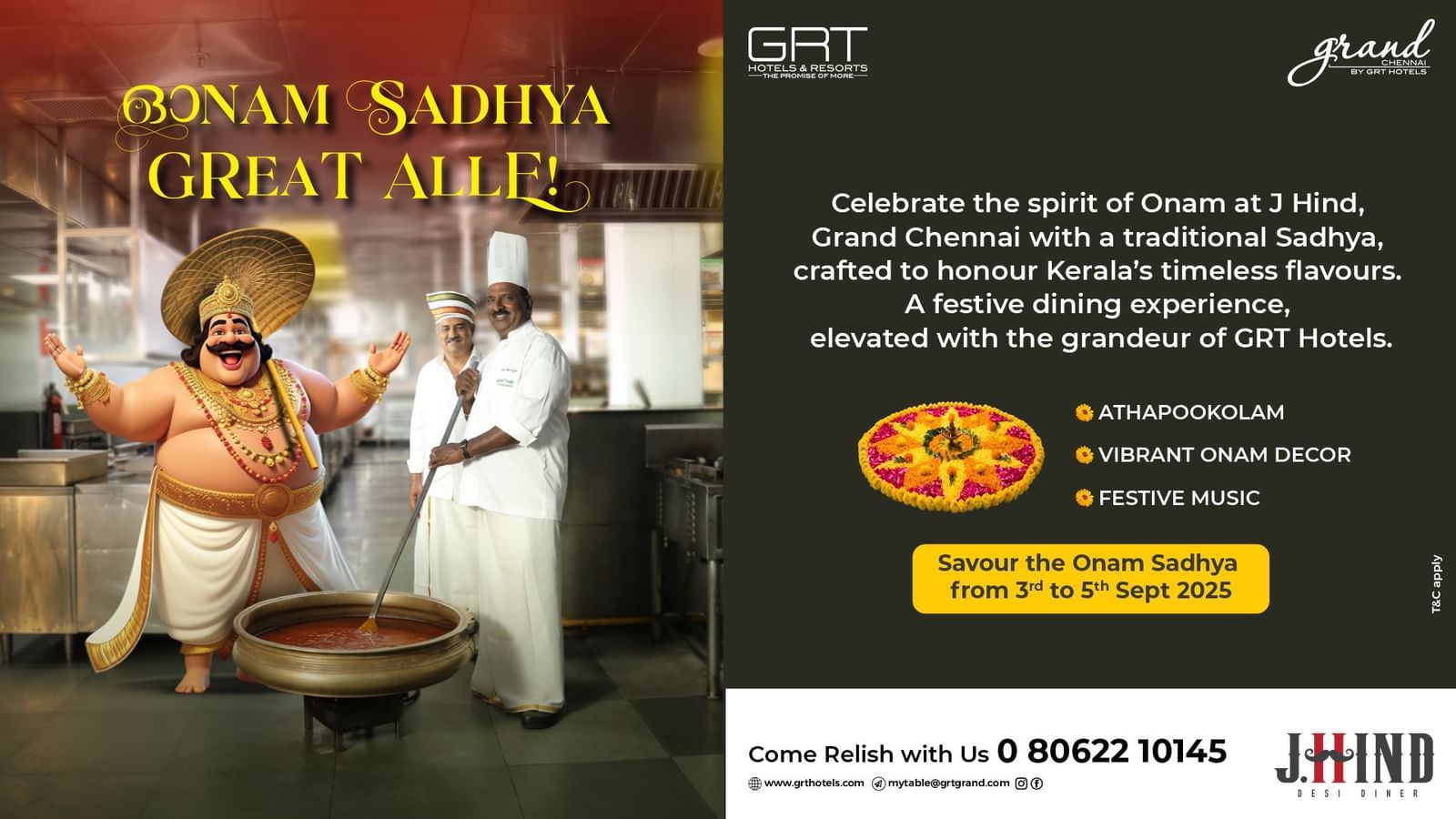 Celebrate Onam at J Hind, Grand Chennai with a traditional Sadhya, vibrant décor, festive music, and Kerala flavours.