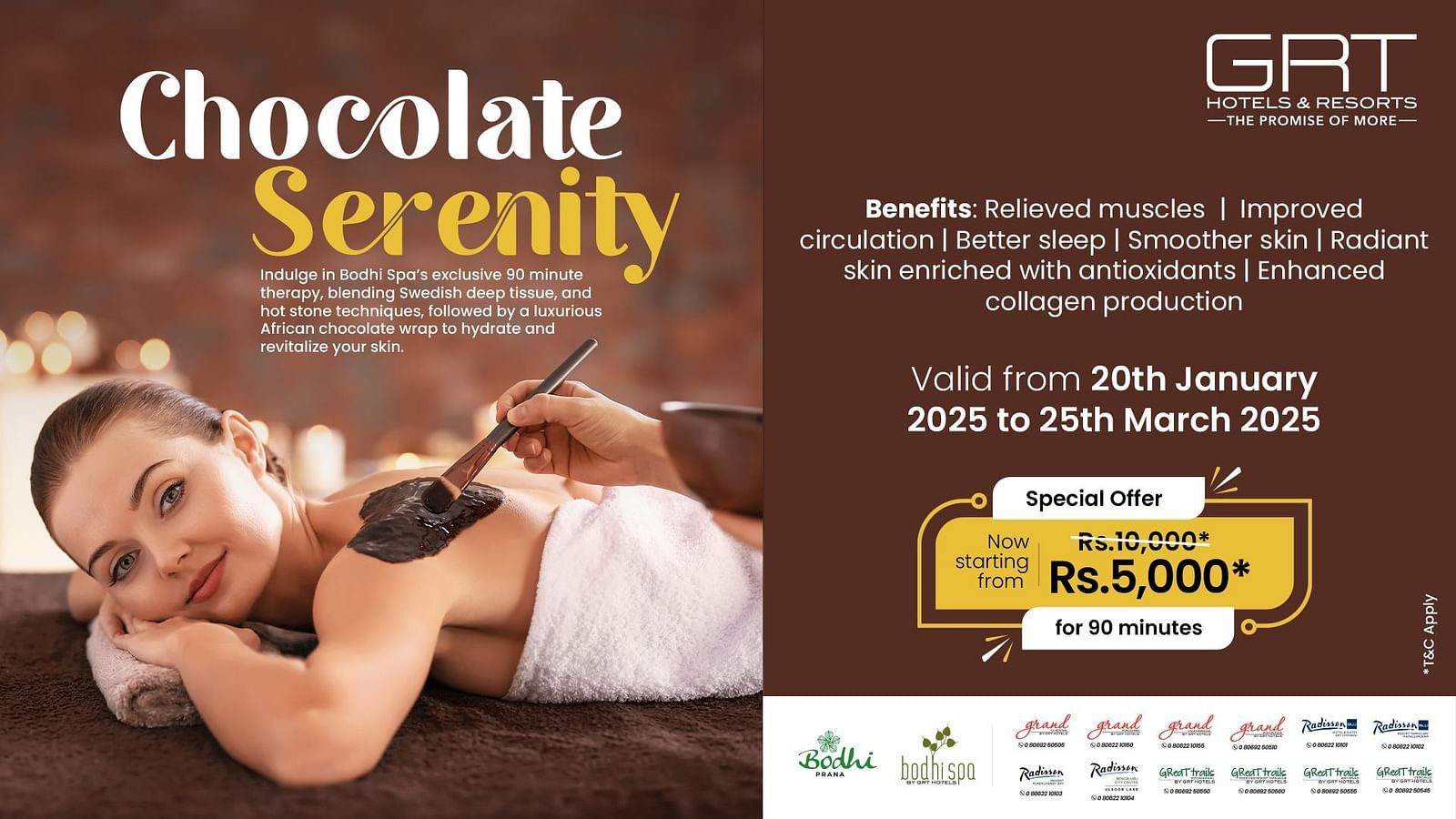 A creative showing a serene spa scene with a woman enjoying a chocolate therapy treatment in a softly lit, relaxing space.