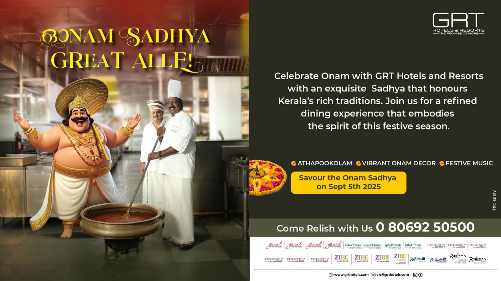 Festive Onam Sadhya creative with traditional Kerala feast elements, floral designs, and details of the celebration at GRT Hotels & Resorts.