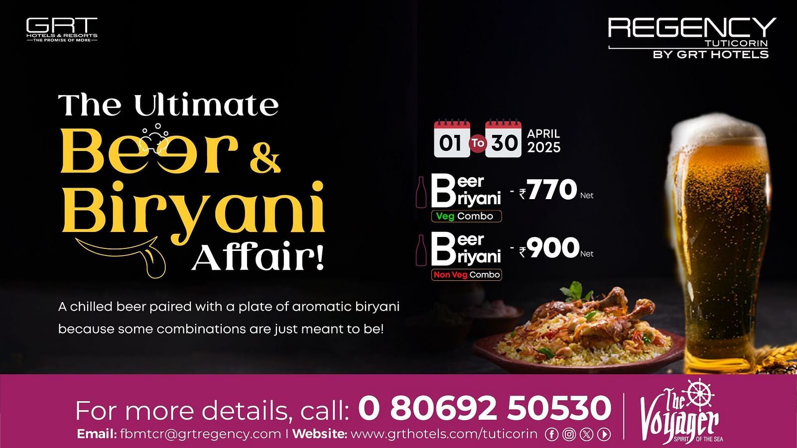 A creative image advertising  chilled beer and biryani, both veg and non veg at Regency Tuticorin