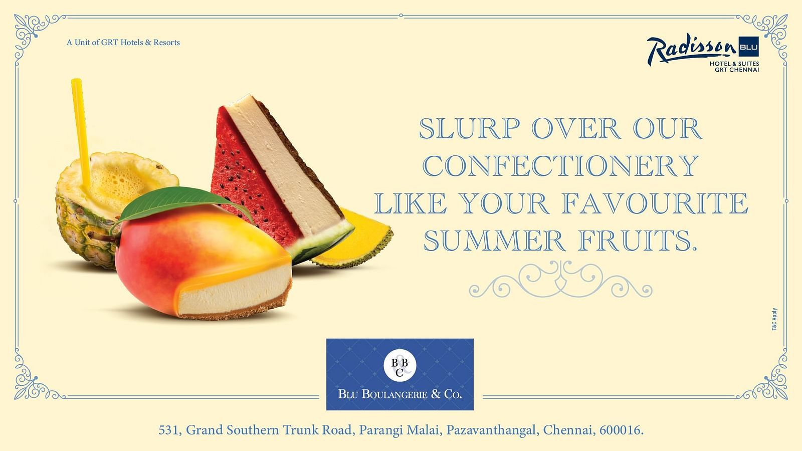 Fruit-themed desserts including mango, watermelon, and pineapple featured in a summer confectionery promotion by Blu Boulangerie & Co. at Radisson Blu Chennai.