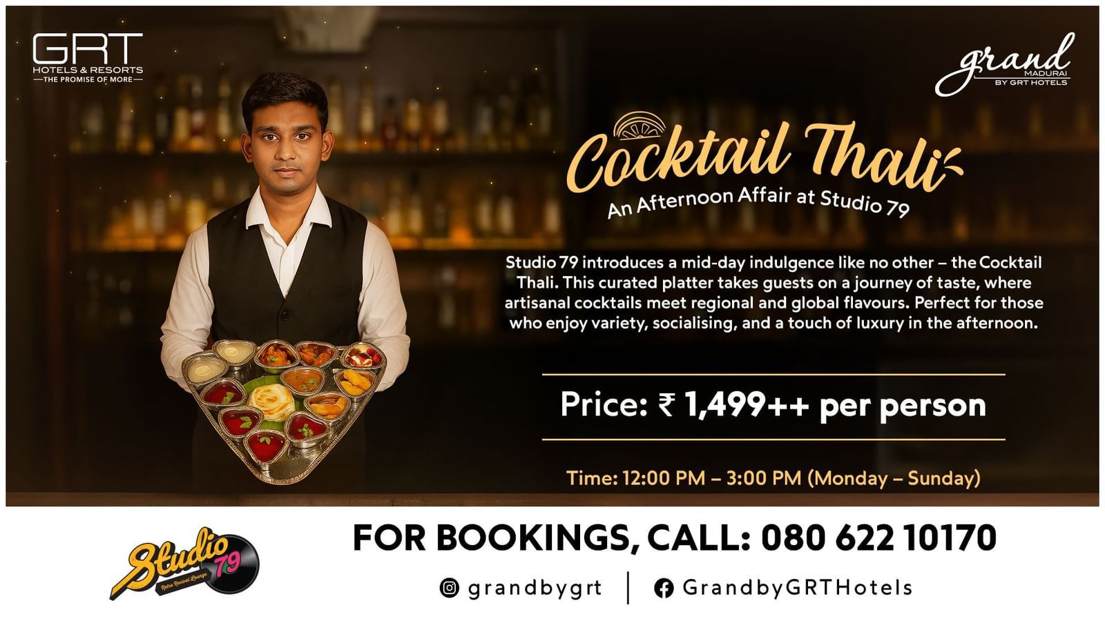 Cocktail Thali at Studio 79, Grand Madurai – curated platter with artisanal cocktails & flavors. Available daily from 12 PM – 3 PM.