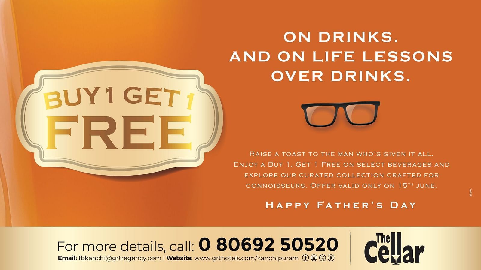  Father’s Day drinks offer by GRT Hotels with “Buy 1 Get 1 Free” text on an orange background featuring glasses and celebration message.