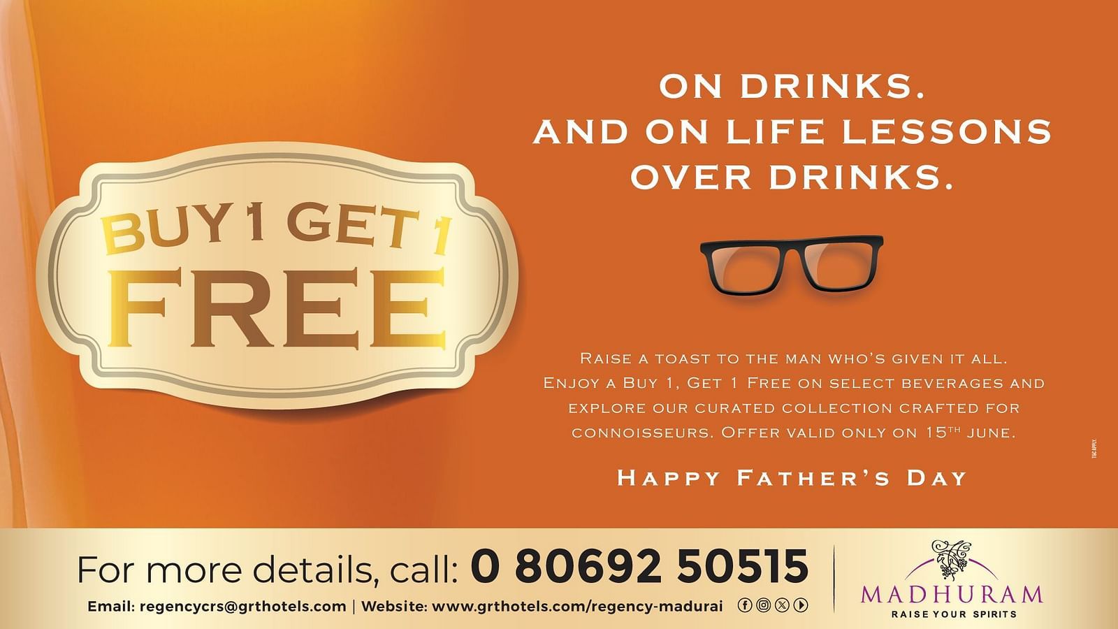  Father’s Day drinks offer by GRT Hotels with “Buy 1 Get 1 Free” text on an orange background featuring glasses and celebration message.