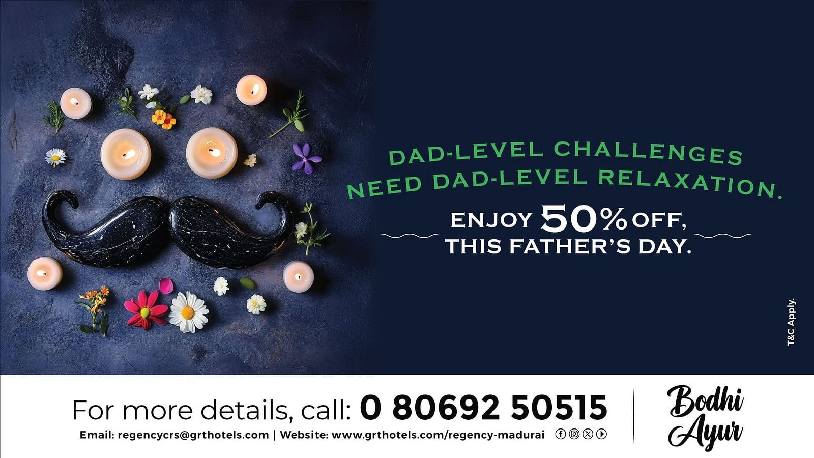  Father’s Day spa offer by GRT Hotels with candles, flowers, and a black moustache. Highlights 50% off on treatments at Bodhi Prana.