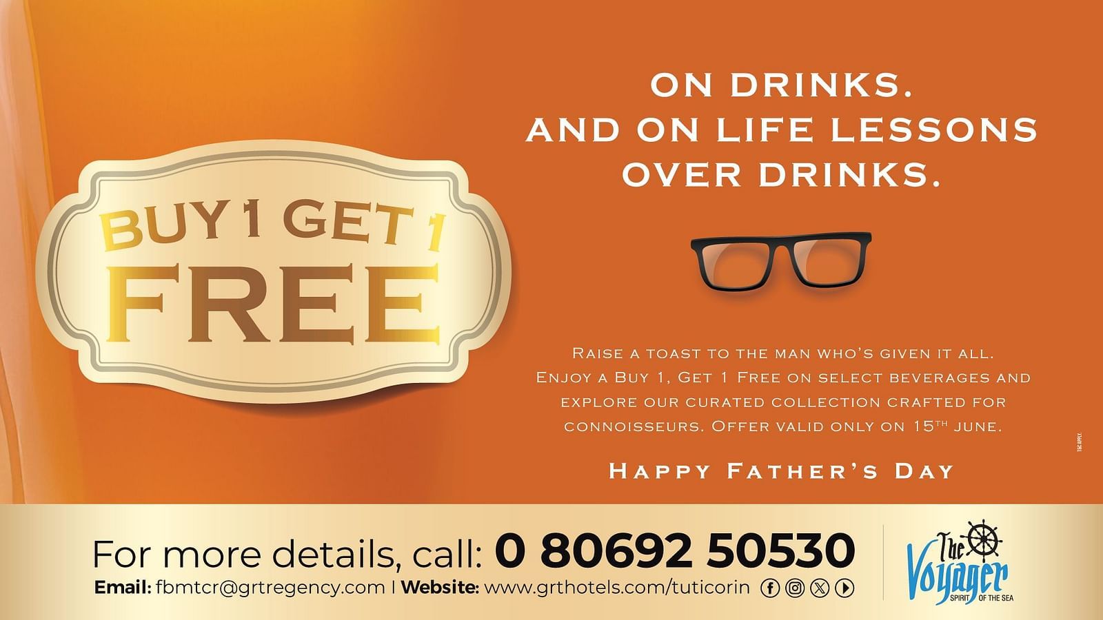  Father’s Day drinks offer by GRT Hotels with “Buy 1 Get 1 Free” text on an orange background featuring glasses and celebration message.