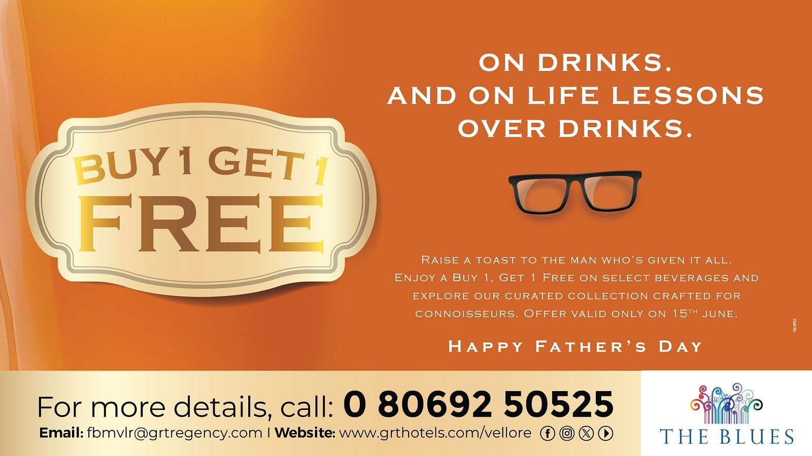  Father’s Day drinks offer by GRT Hotels with “Buy 1 Get 1 Free” text on an orange background featuring glasses and celebration message.