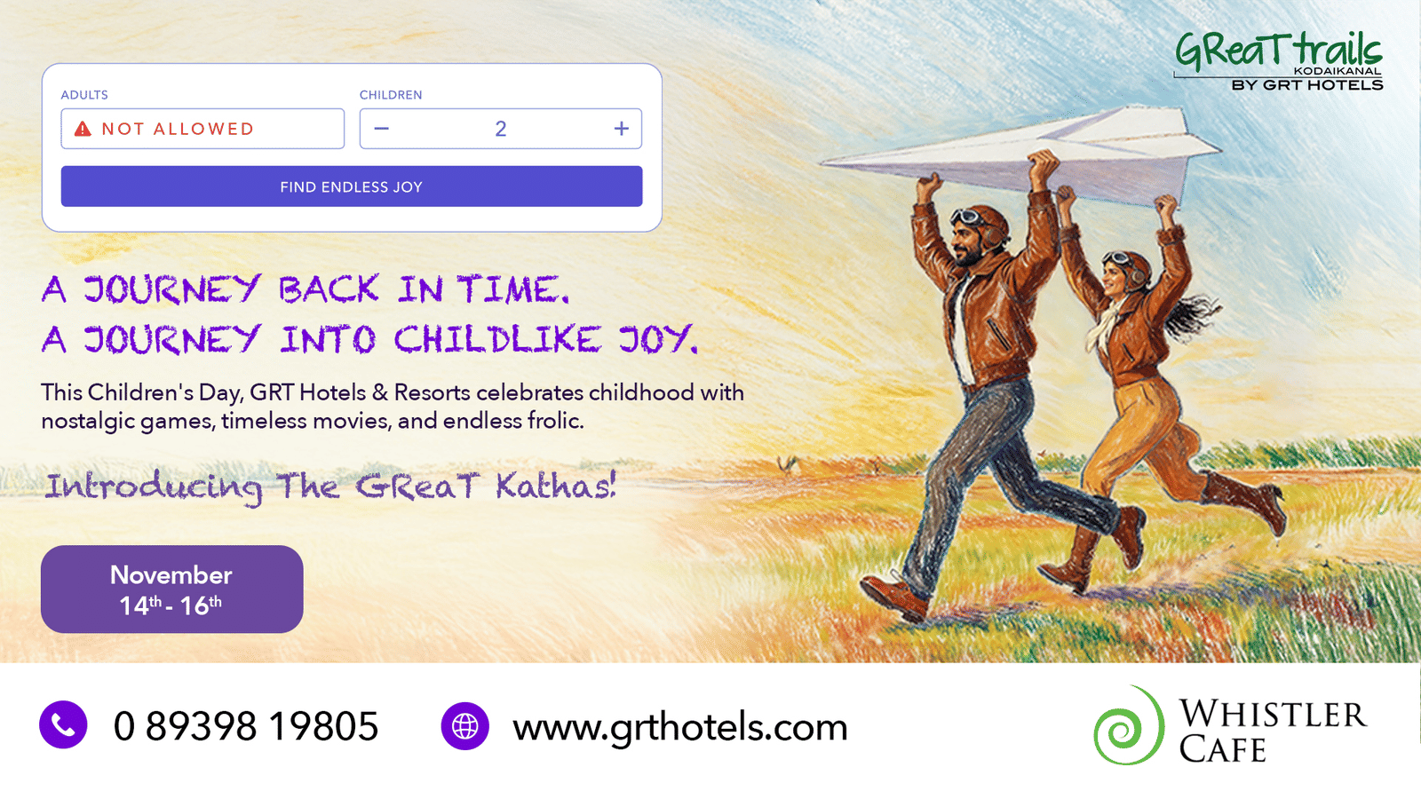 Joyful people running with a paper plane, symbolising childhood wonder during The GReaT Kathas, Children’s Day celebration by GRT Hotels & Resorts.