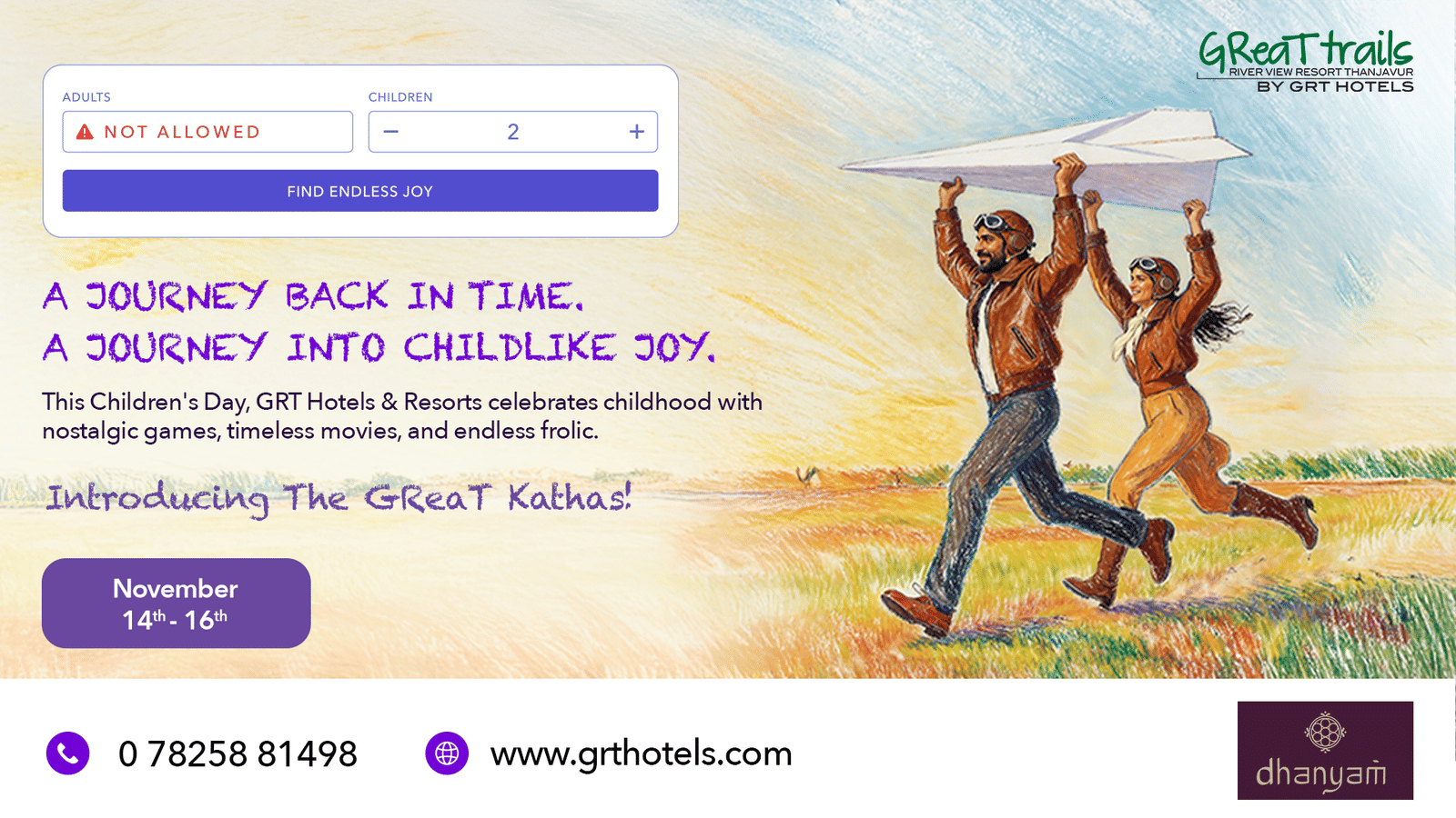 Joyful people running with a paper plane, symbolising childhood wonder during The GReaT Kathas, Children’s Day celebration by GRT Hotels & Resorts.