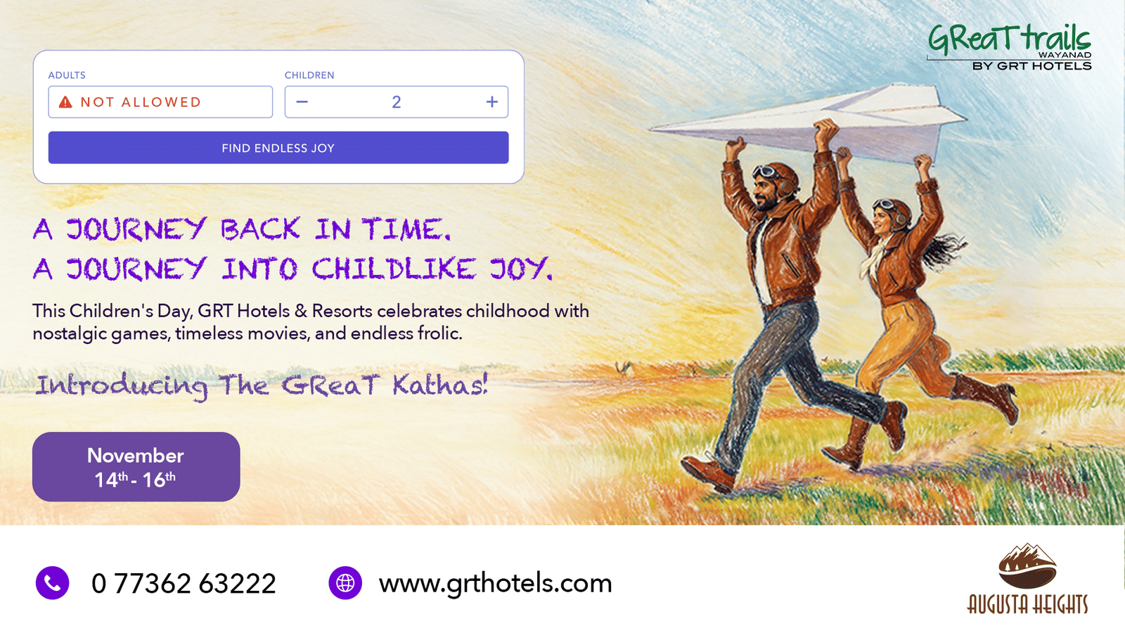 Joyful people running with a paper plane, symbolising childhood wonder during The GReaT Kathas, Children’s Day celebration by GRT Hotels & Resorts.