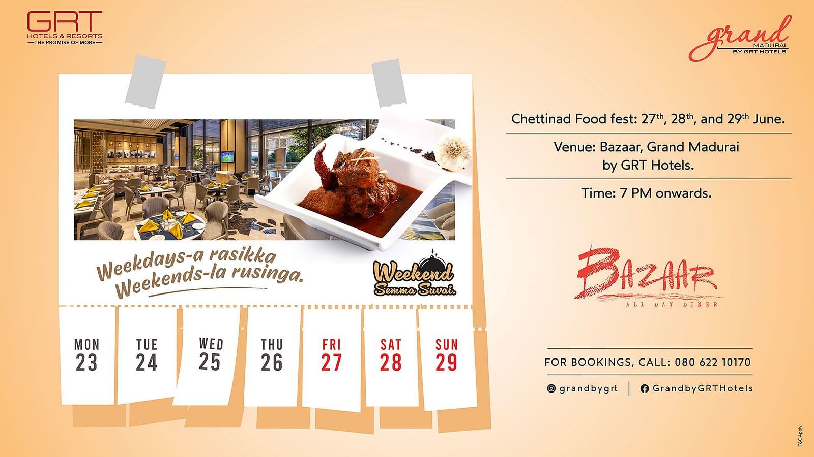 Chettinad Food Festival banner featuring traditional South Indian dishes, event dates 27th to 29th June at Bazaar, Grand Madurai by GRT Hotels