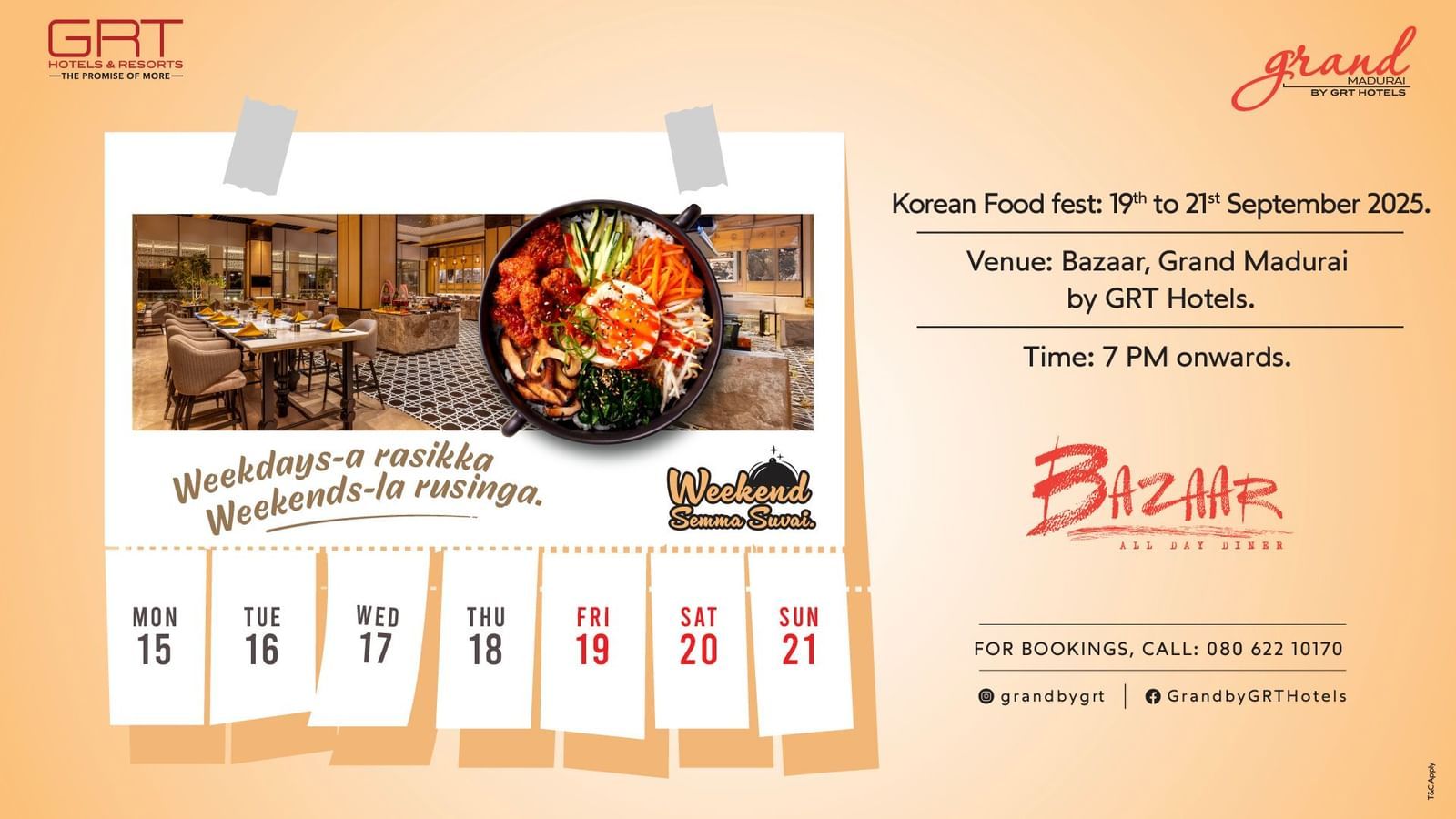 Korean Food Feast at Grand Madurai at the Bazaar Restaurant from 7 PM onwards. It features a calendar with an image of a restaurant and a bowl of korean food and dates 19th, 20th, and 21st September 2025.