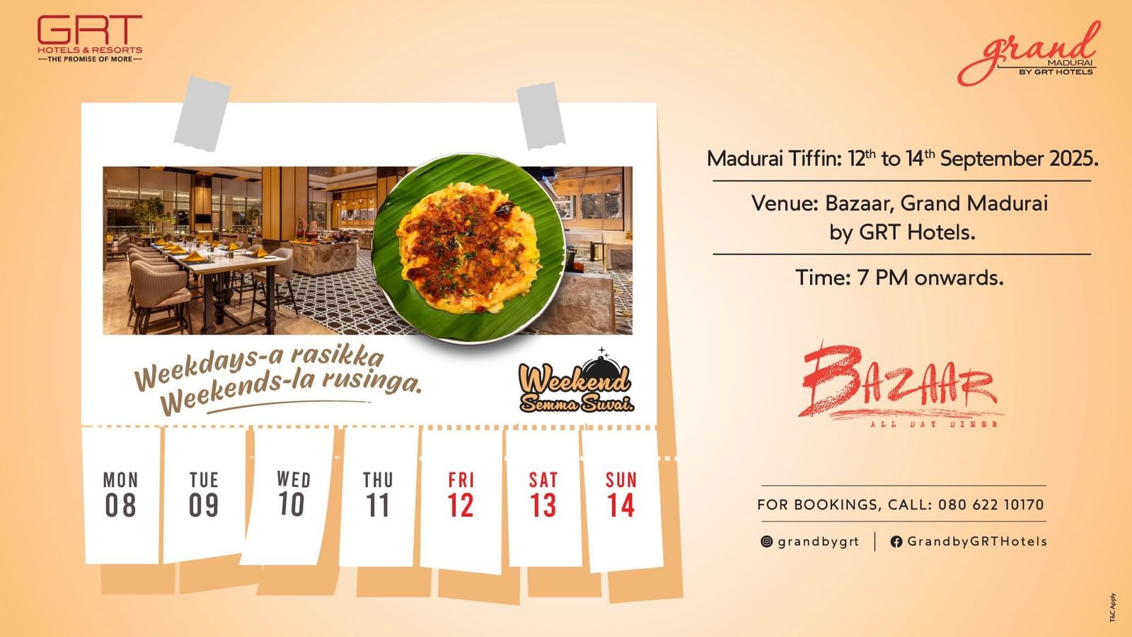 Creative promoting weekend feast at Grand Madurai's Bazaar Restaurant. It also features a calendar with an image of restaurant and a dish which will be served on 12th, 13th, and 14th September 2025. 