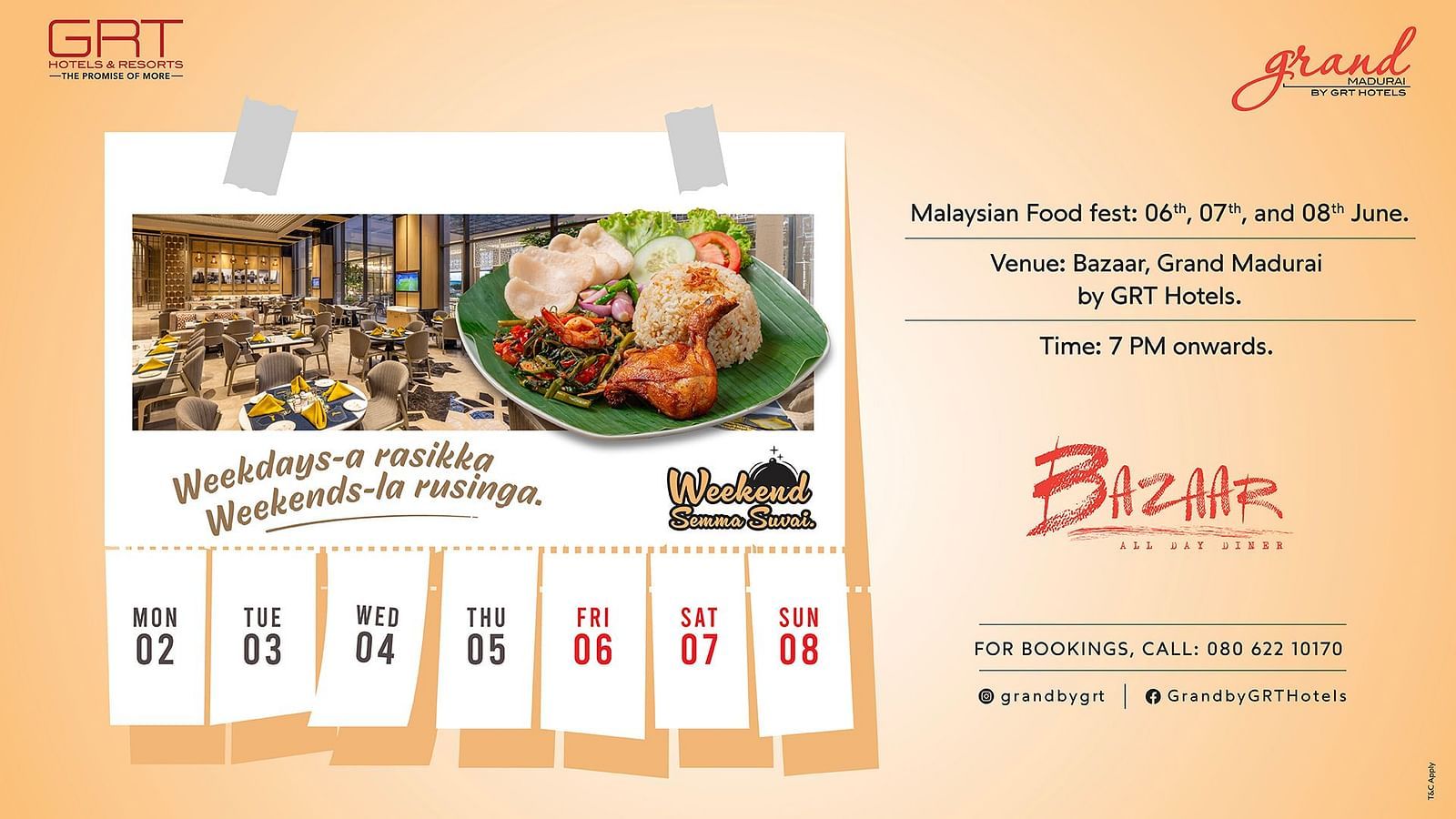 Promotional poster for Malaysian Food Fest at Bazaar, Grand Madurai by GRT Hotels featuring traditional Malaysian dishes, vibrant restaurant interiors, and event details