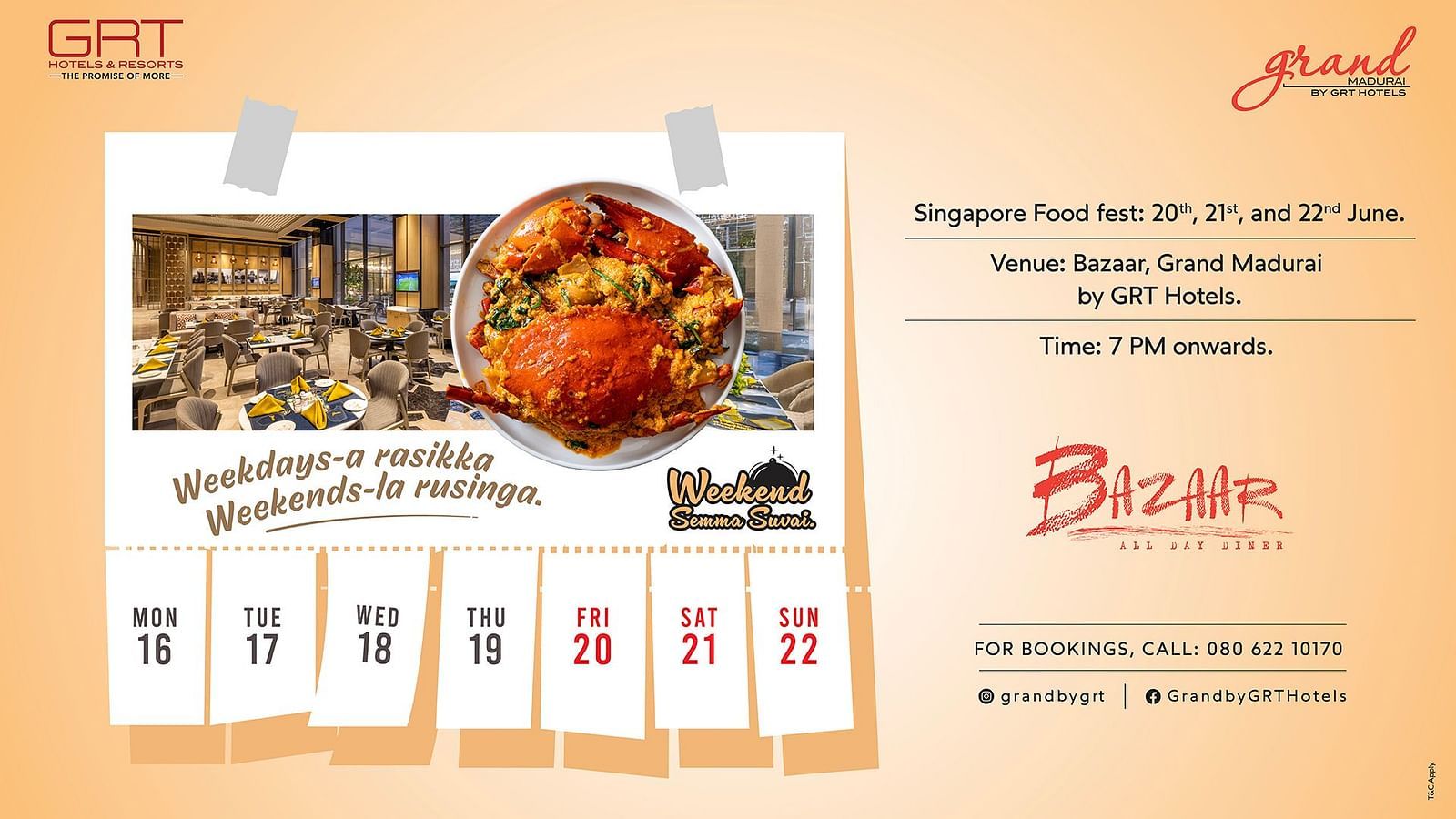 Creative promoting Singapore Food Fest at Bazaar, Grand Madurai by GRT Hotels with event dates, vibrant imagery.