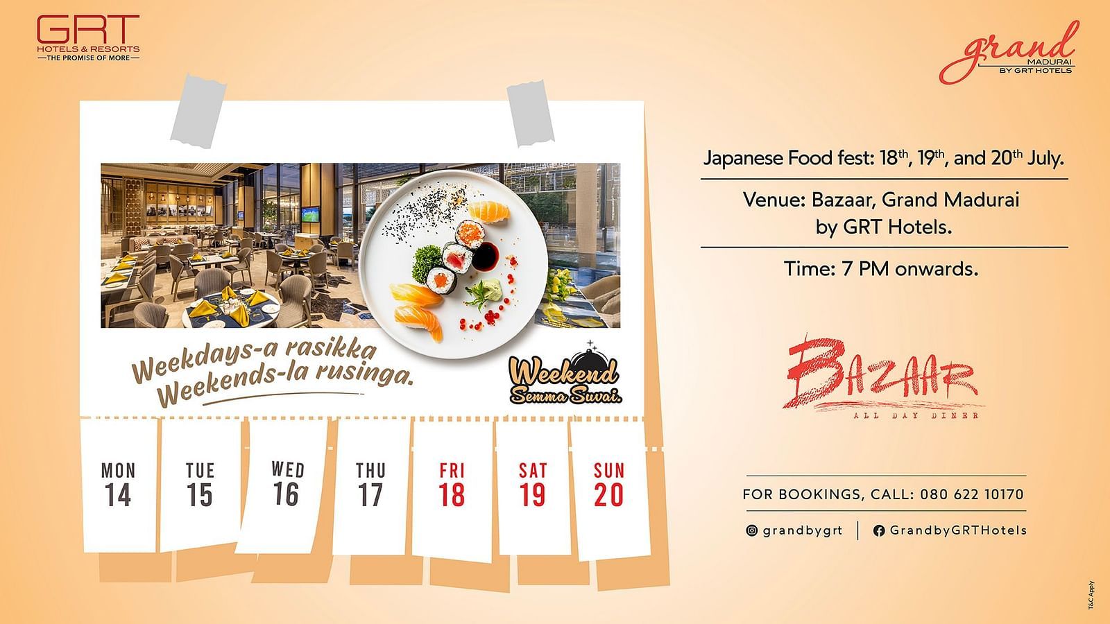 Promotional banner for The GReaT Japanese Food Feast at Bazaar, Grand Madurai, with festival dates and venue details in a minimal aesthetic design.