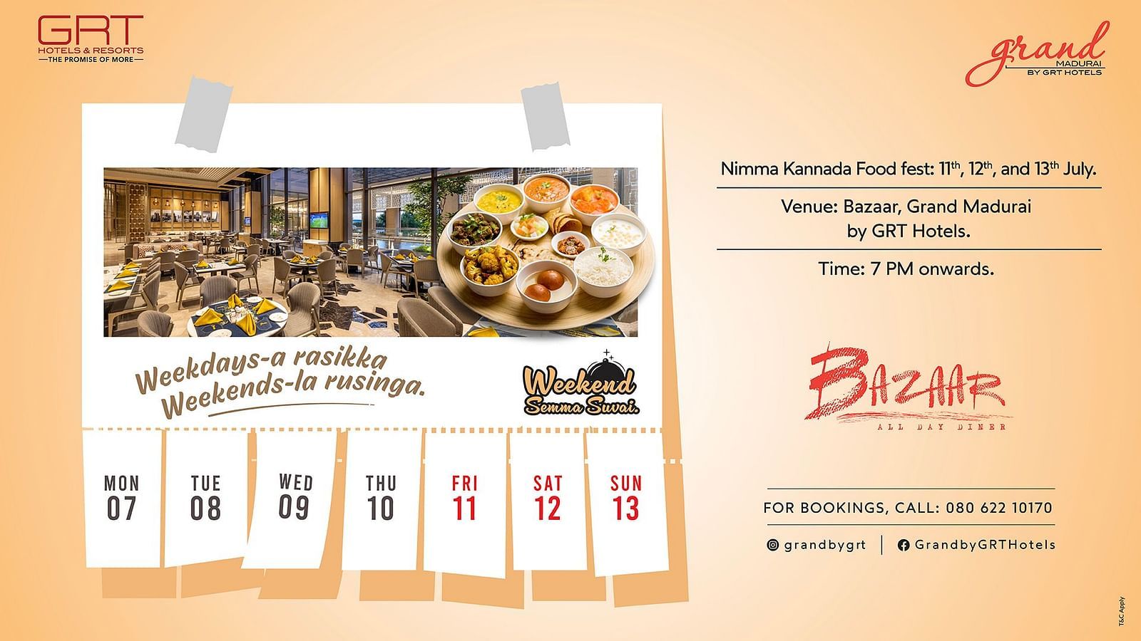 Promotional banner for The GReaT Kannada Food Feast at Bazaar, Grand Madurai by GRT Hotels, featuring a traditional South Indian thali and restaurant interior.