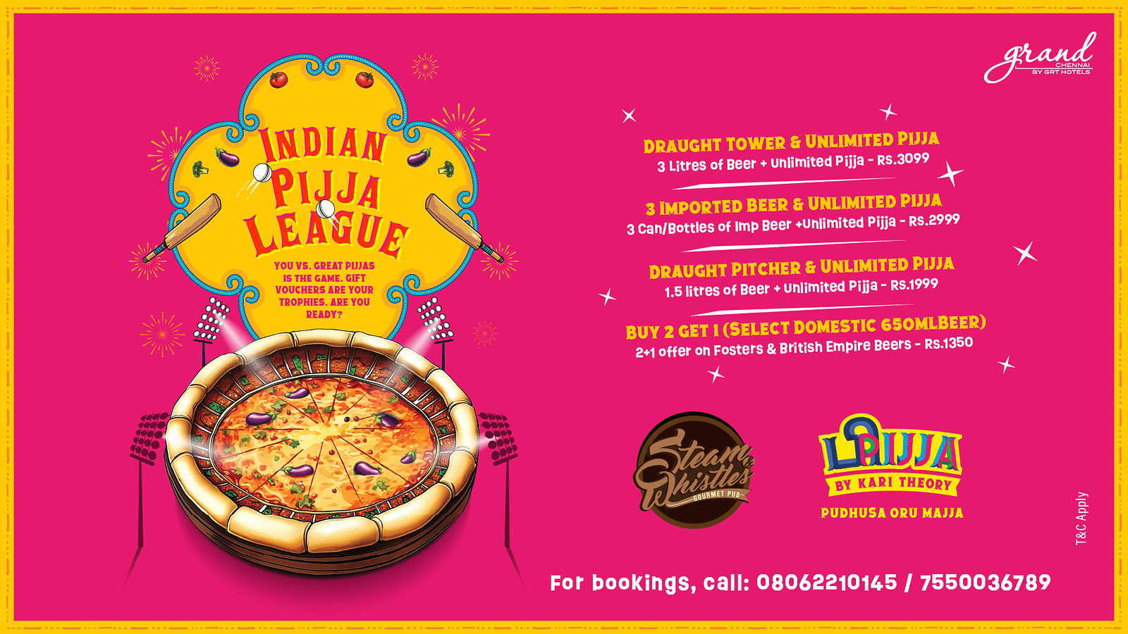 A flat lay of a pizza in a pink bowl, text overlay, yellow background - Indian Pijja Leauge