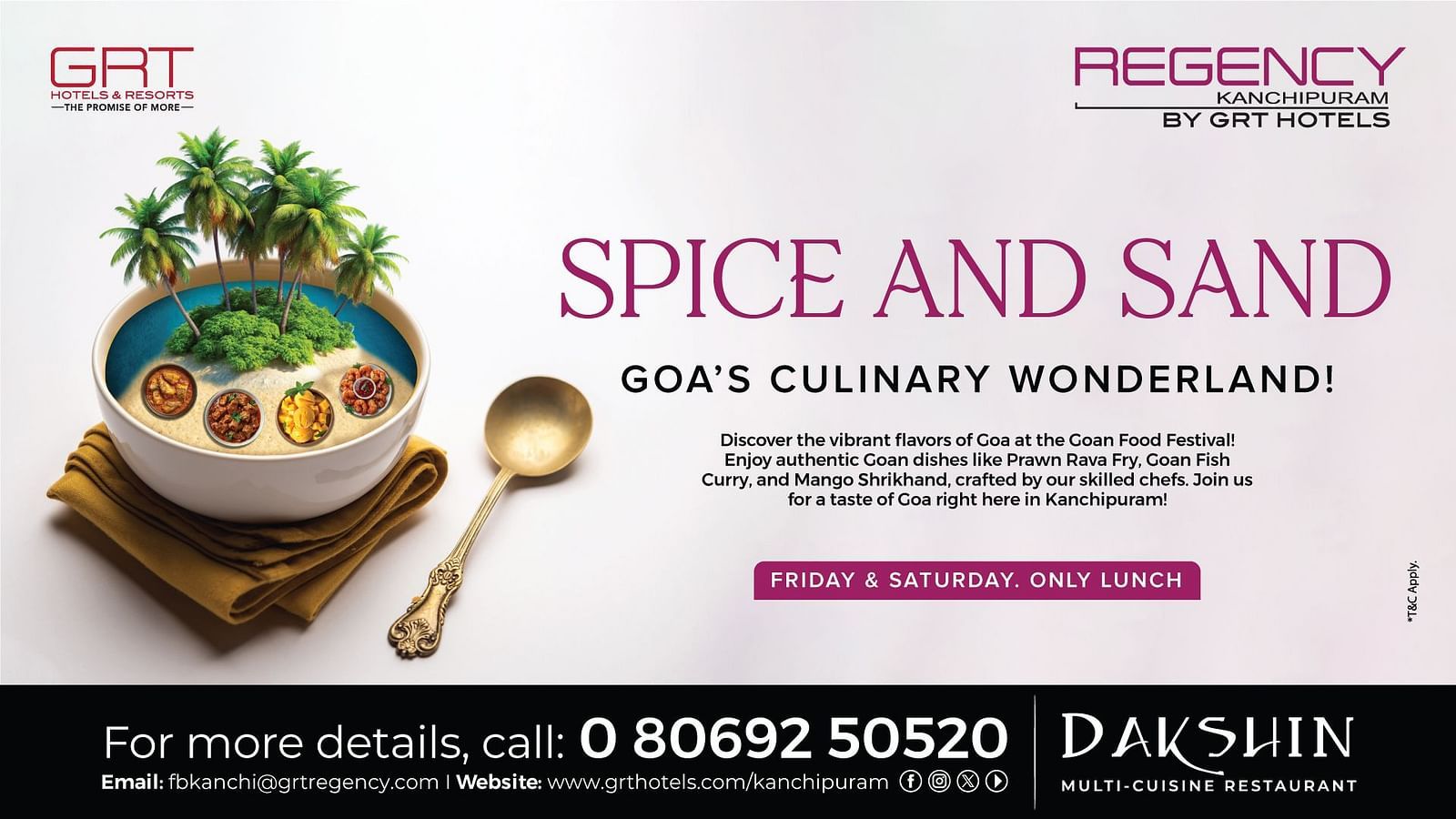 Food festival creative for ‘Spice and Sand’ at Regency Kanchipuram, featuring a Goan curry bowl with herbs and spices.