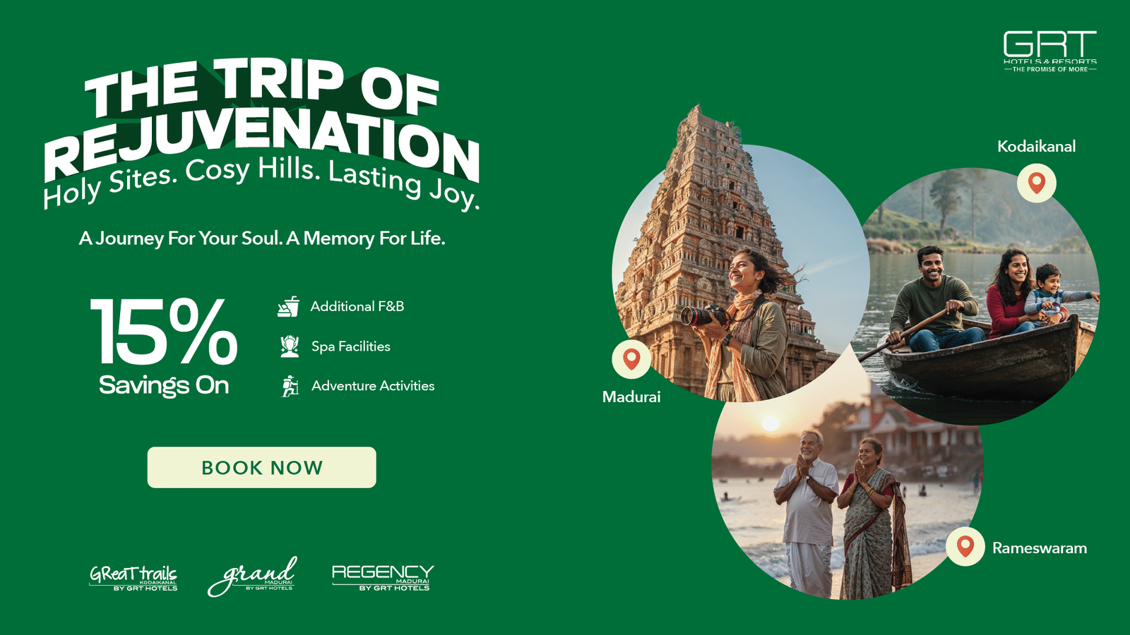 Promotional creative for The Trip of Rejuvenation offer at Great Trails Wayanad by GRT Hotels featuring spa and adventure.