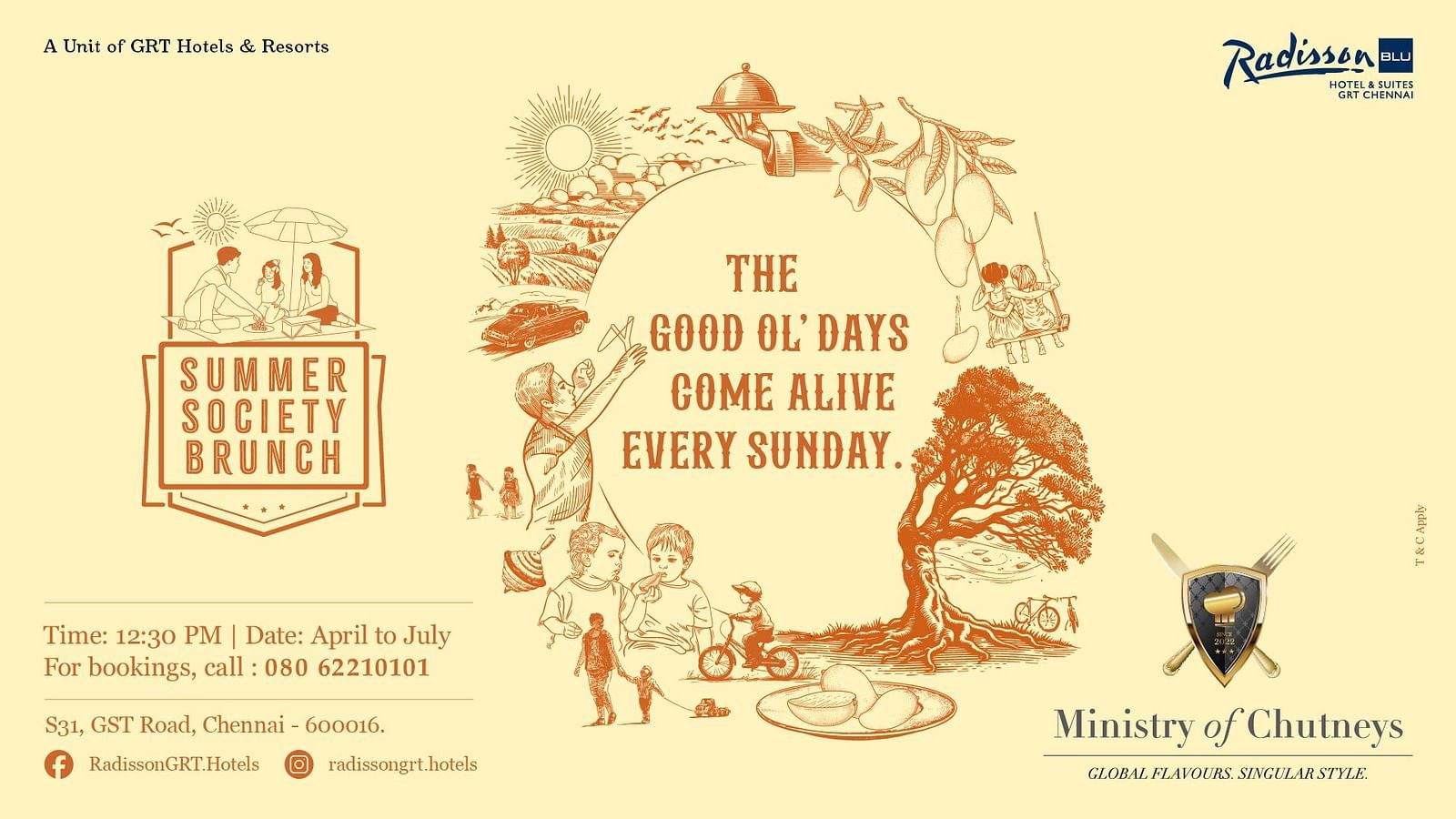 Vintage-style illustration promoting the 'Summer Society Brunch' at Radisson Blu Chennai, evoking nostalgia with childhood scenes and summer fruits.