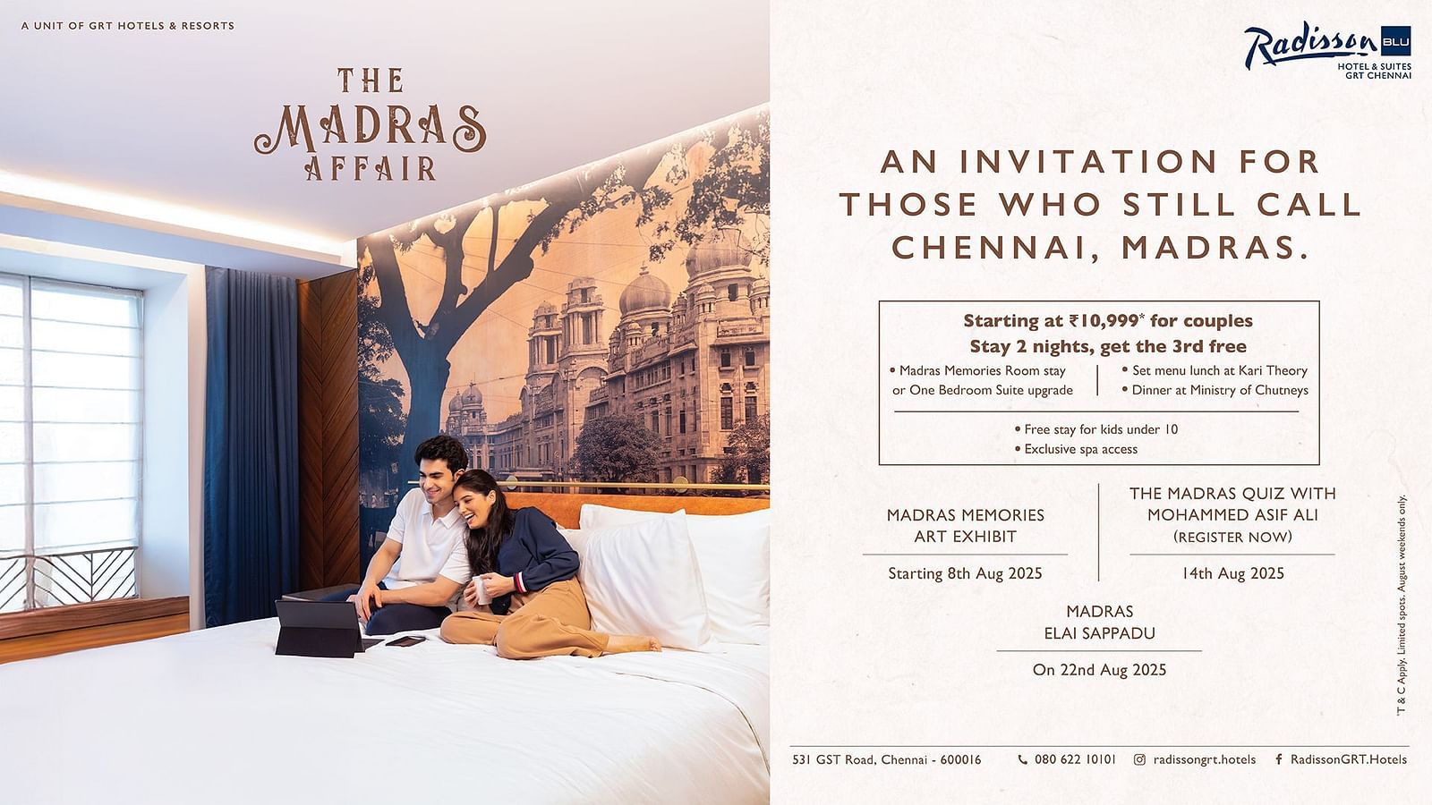 Promotional creative for Radisson Blu’s ‘The Madras Affair’ room package, featuring a couple enjoying a luxury stay.