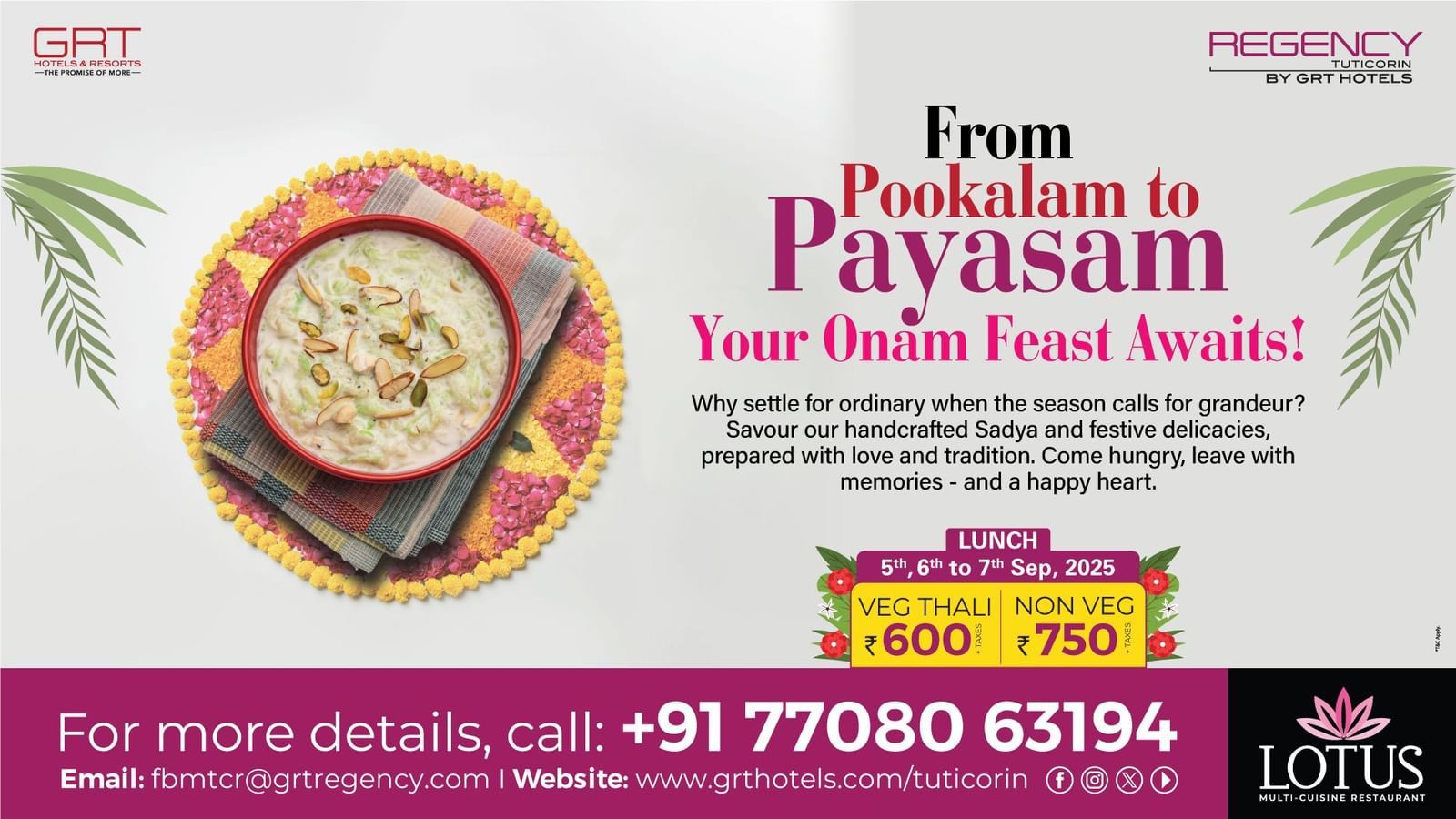 Offer creative for Onam Feast at GRT Regency Tuticorin featuring traditional Sadya, pookalam, and payasam in a festive design.