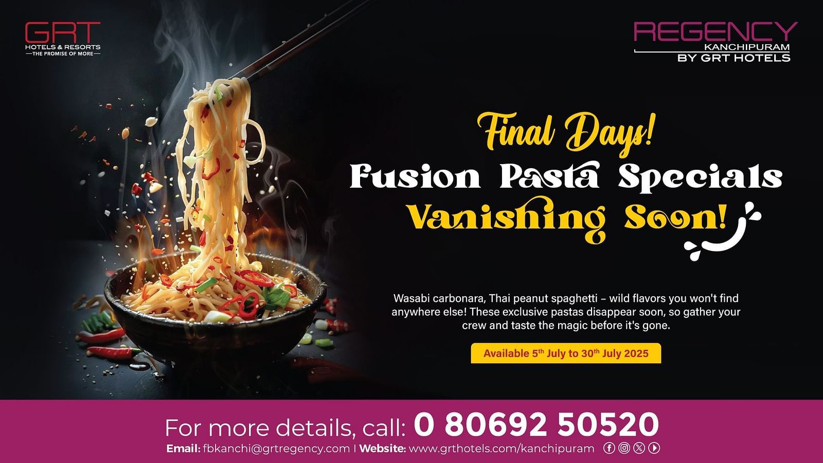 Steaming bowl of fusion noodles with vibrant toppings promoting The Great Pasta Fusion offer at Regency Kanchipuram by GRT Hotels