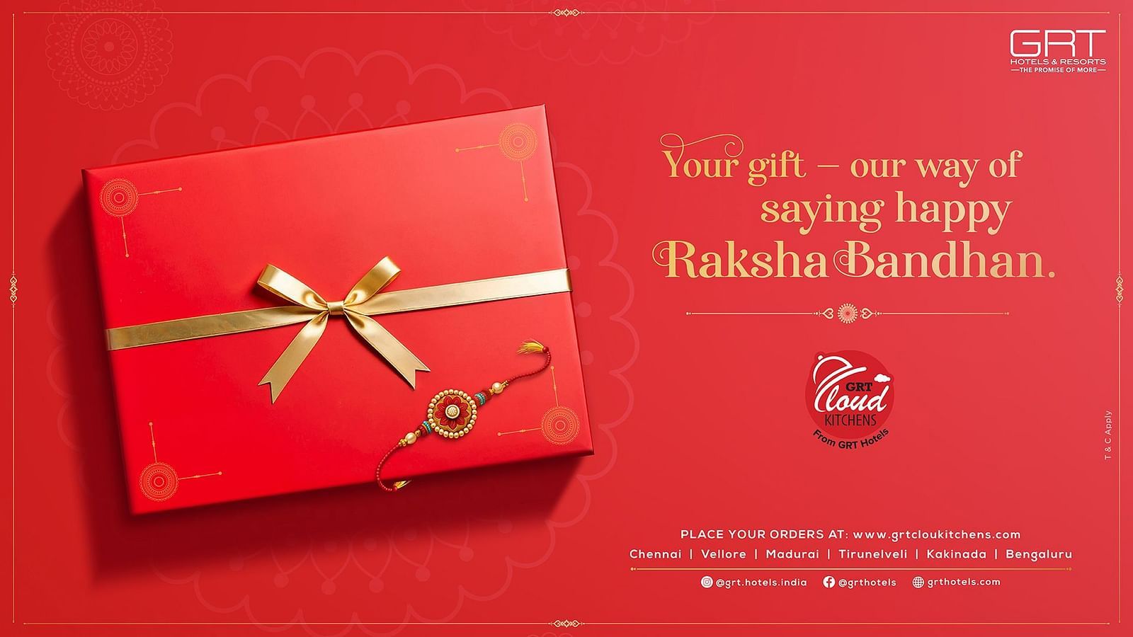 Red gift box with gold ribbon and Rakhi symbolizing GRT Cloud Kitchens' festive Raksha Bandhan offer across multiple cities in India.