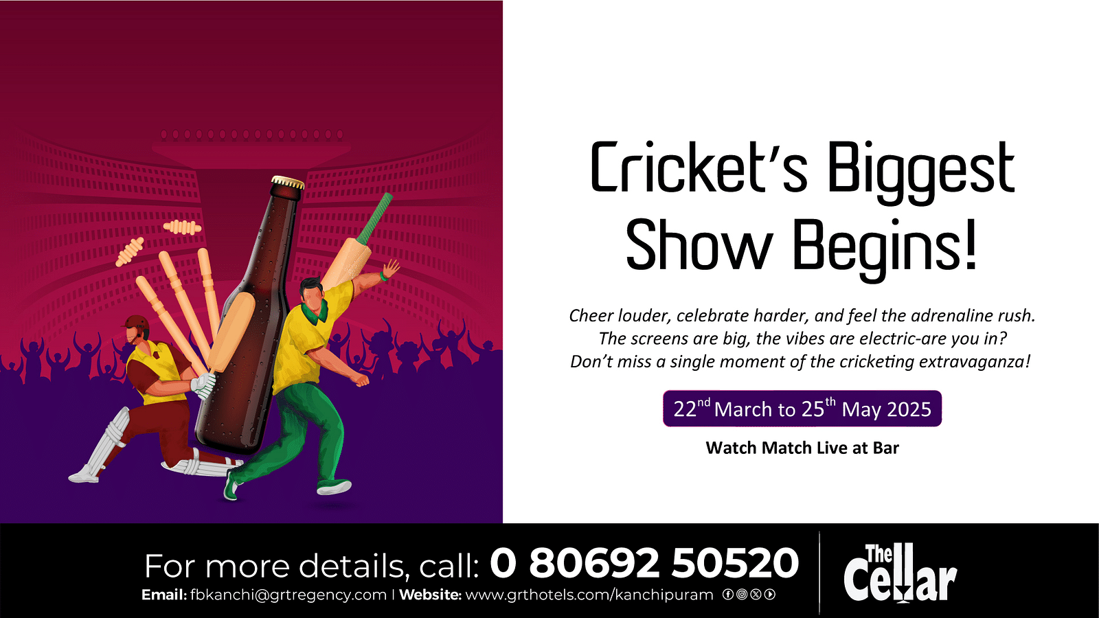 Cricket’s Biggest Show Begins! Catch live matches at The Cellar Bar, GRT Regency Kanchipuram. Enjoy the action with exciting offers!