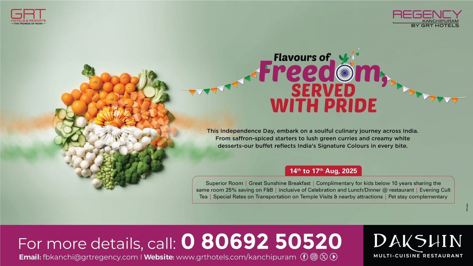 A promotional banner for India's Independence Day with the text Flavours of Freedom, SERVED WITH PRIDE. The image features three piles of saffron, white, and green sweets representing the Indian flag