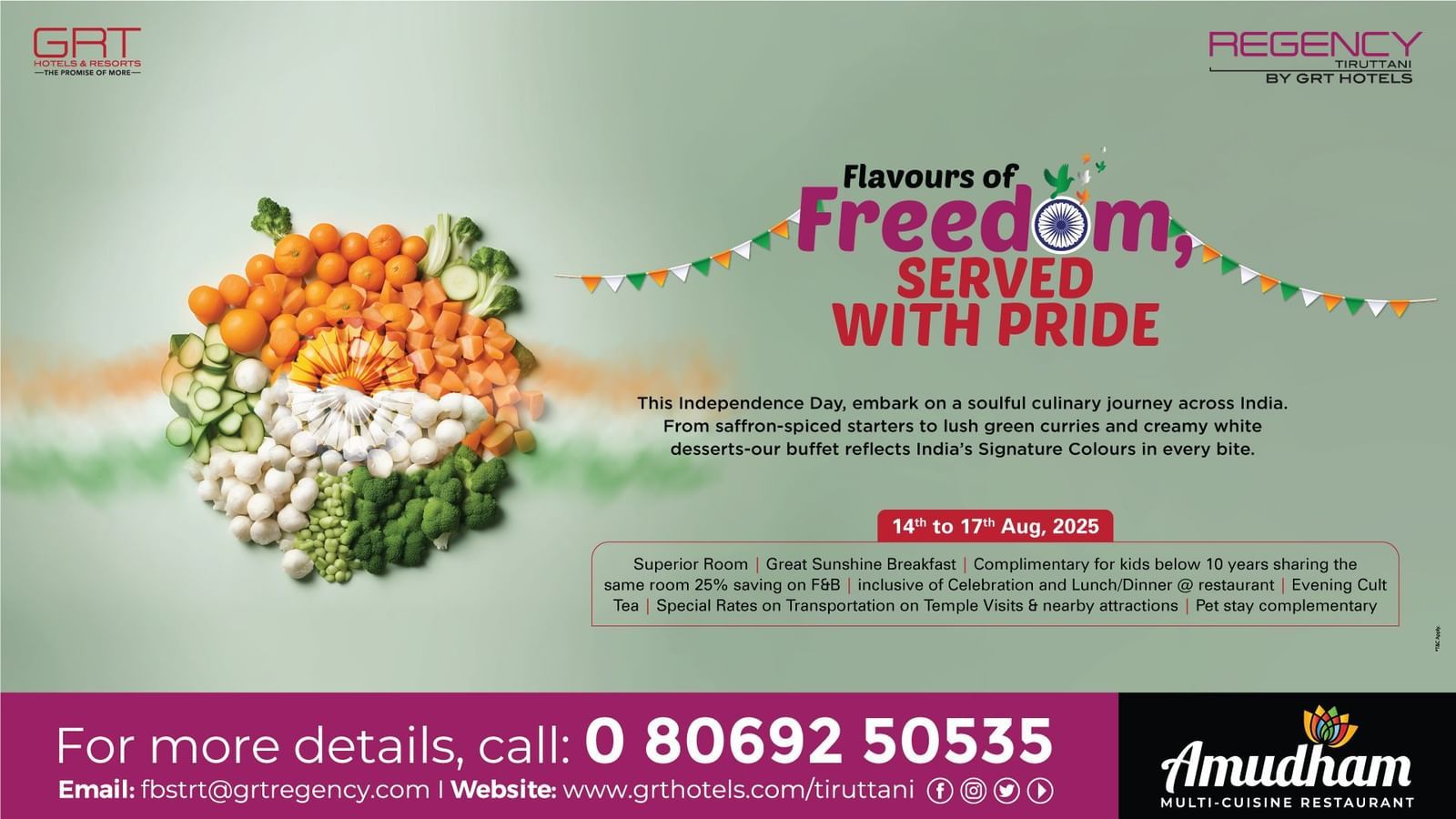 Independence Day special at Regency Tiruttani by GRT Hotels—tri-colour vegetable platter in the shape of the Indian flag with the slogan Flavours of Freedom, Served with Pride