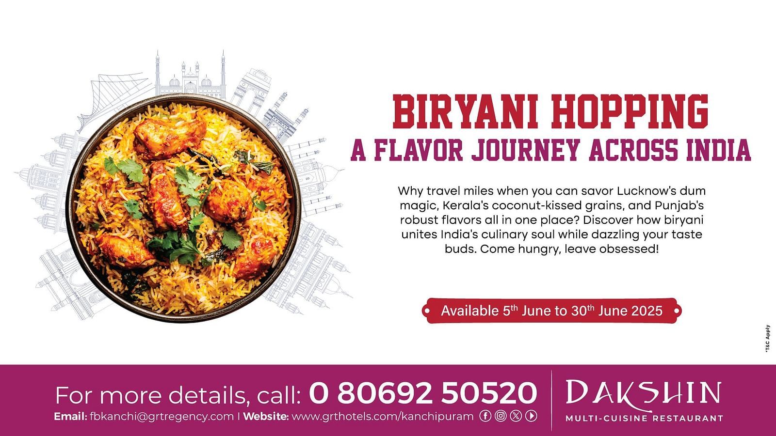 Banner image promoting the Biriyani Festival at Dakshin Restaurant, Regency Kanchipuram  by GRT Hotels
