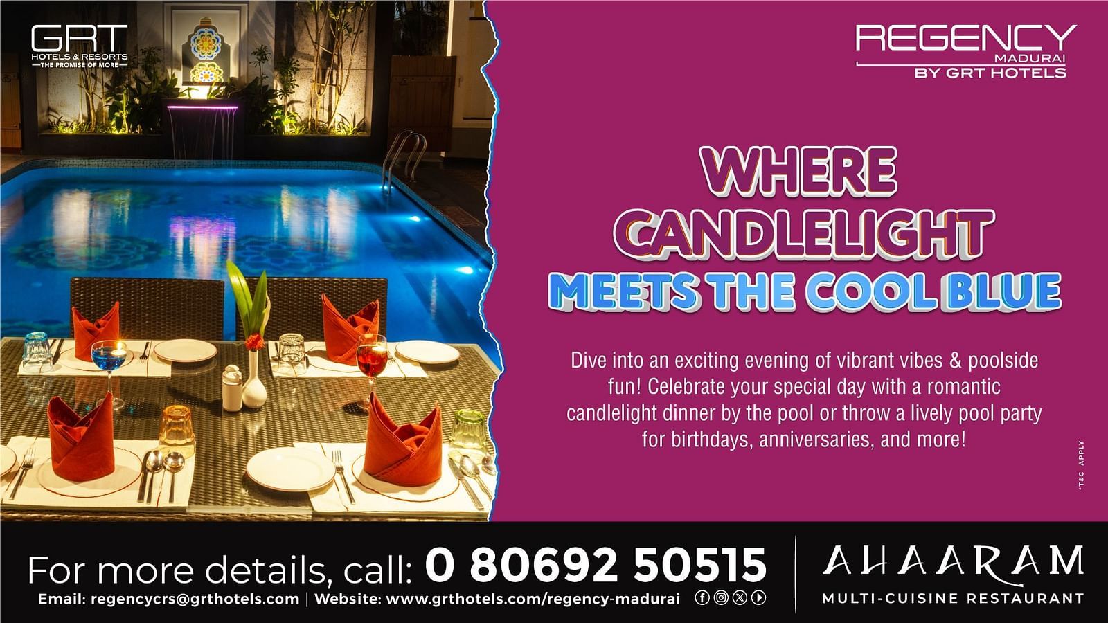 Poolside candlelight dinner setup with vibrant ambience at Ahaaram, Regency Madurai. Perfect for romantic evenings, parties, and celebrations.