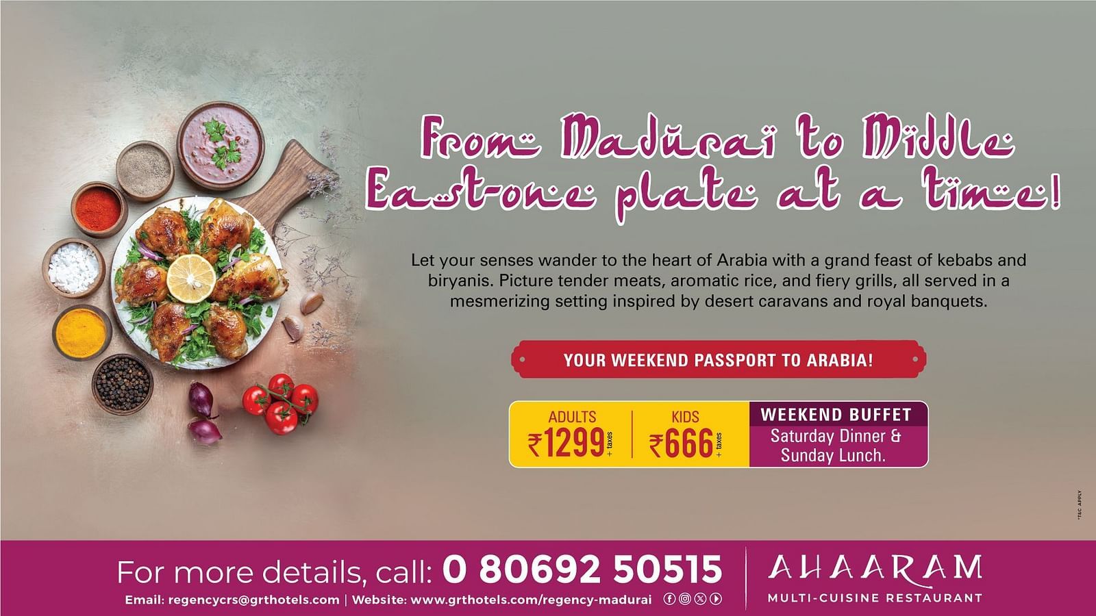 Promotional poster for Middle Eastern buffet at Ahaaram restaurant, Regency Madurai by GRT Hotels, featuring grilled meats, spices, and weekend prices for adults and kids.
