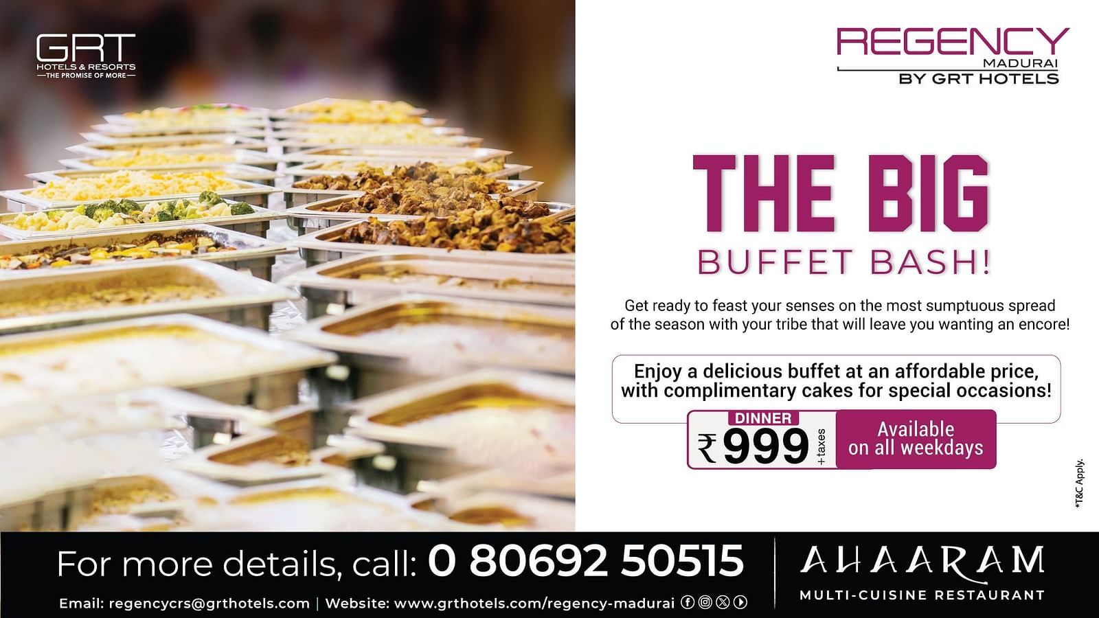 A promotional banner for Regency Madurai by GRT Hotels, showcasing a buffet spread at Ahaaram restaurant. The image displays an array of dishes in serving trays
