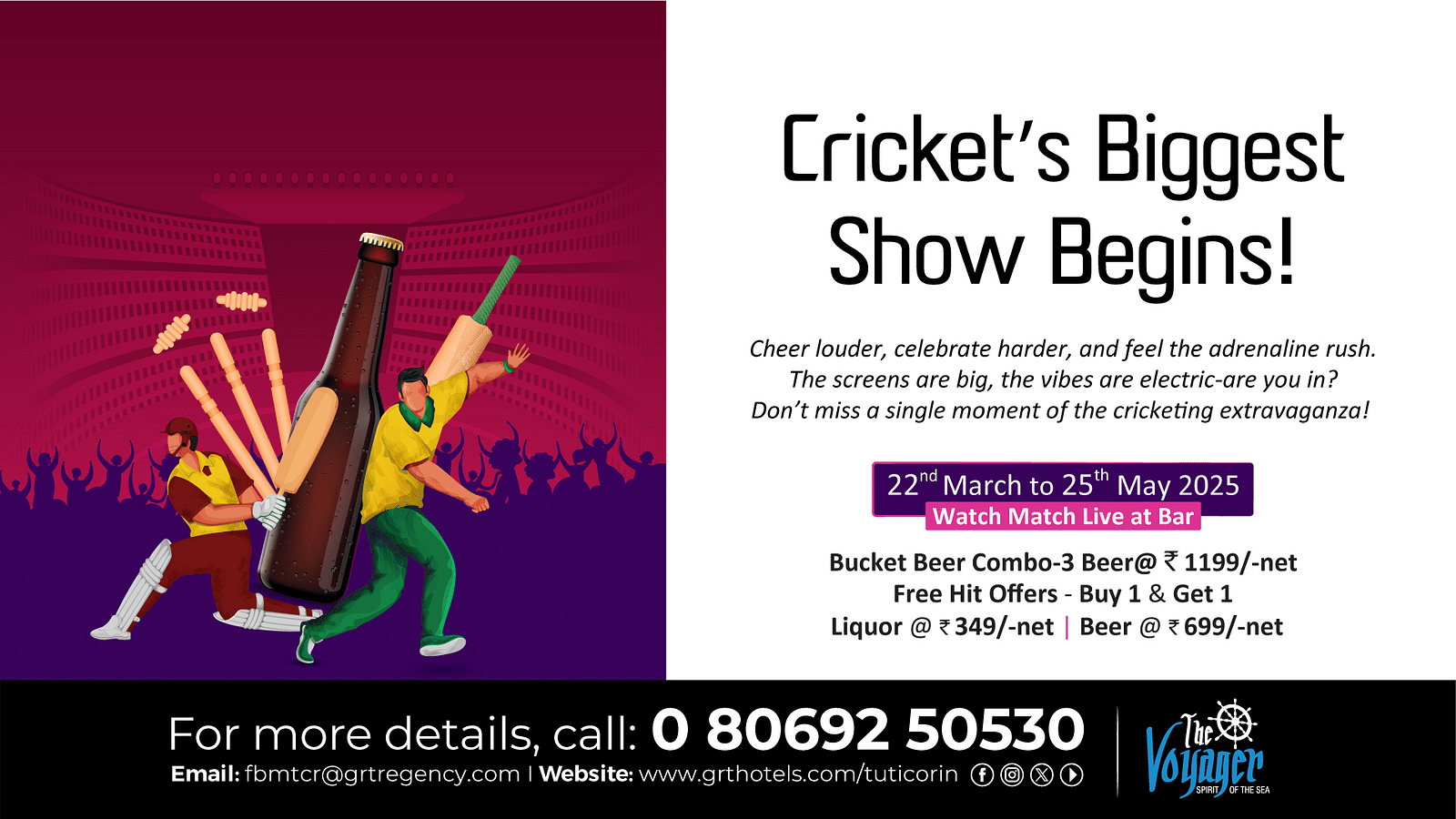Cricket Biggest Show Begins! Watch live matches at The Voyager Bar, GRT Regency Tuticorin and enjoy beer combos, free hit offers & more