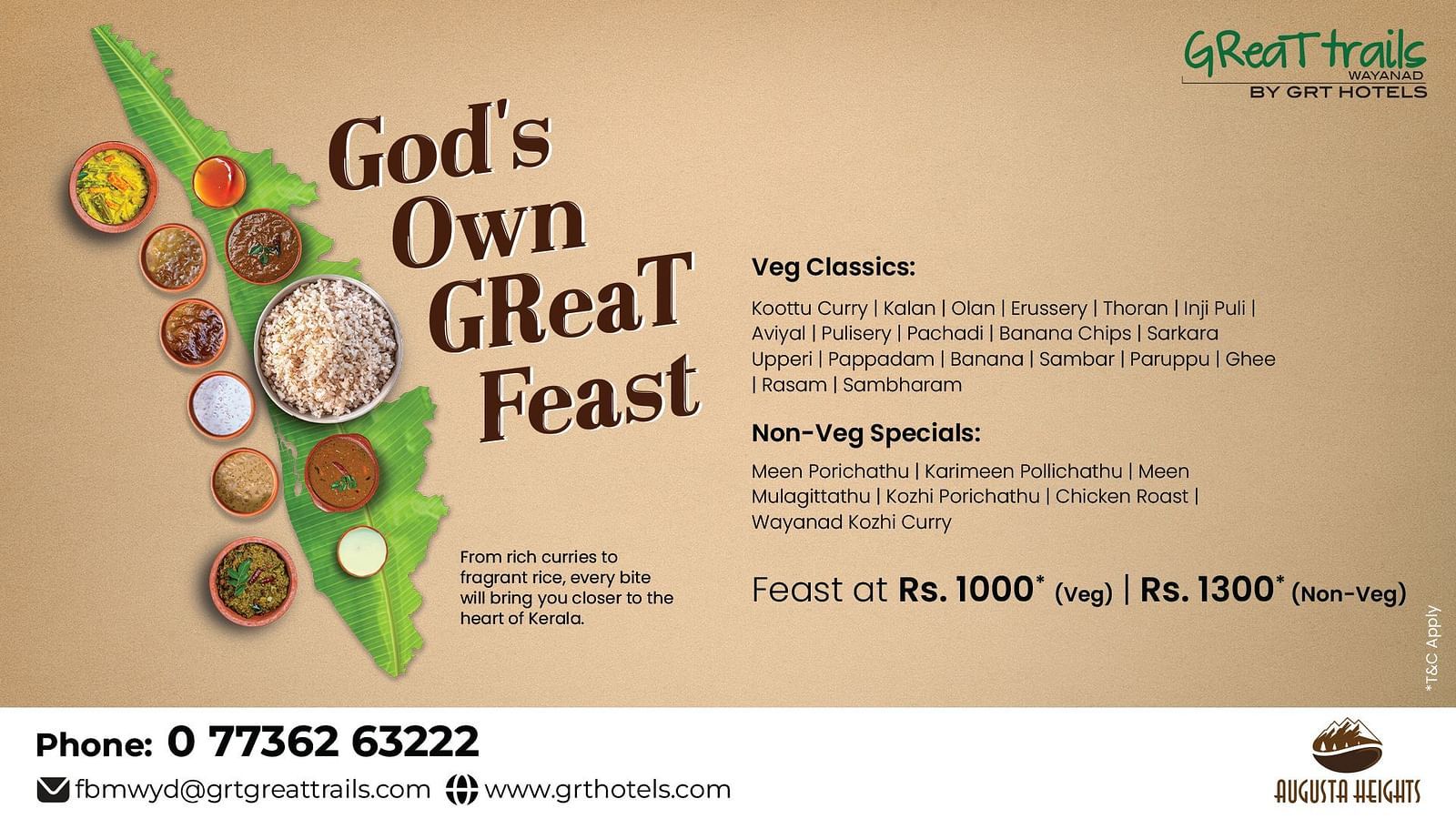 Promotional banner for Kerala-style feast at GReaT trails Wayanad featuring authentic vegetarian and non-vegetarian dishes served on a banana leaf, celebrating regional flavours.