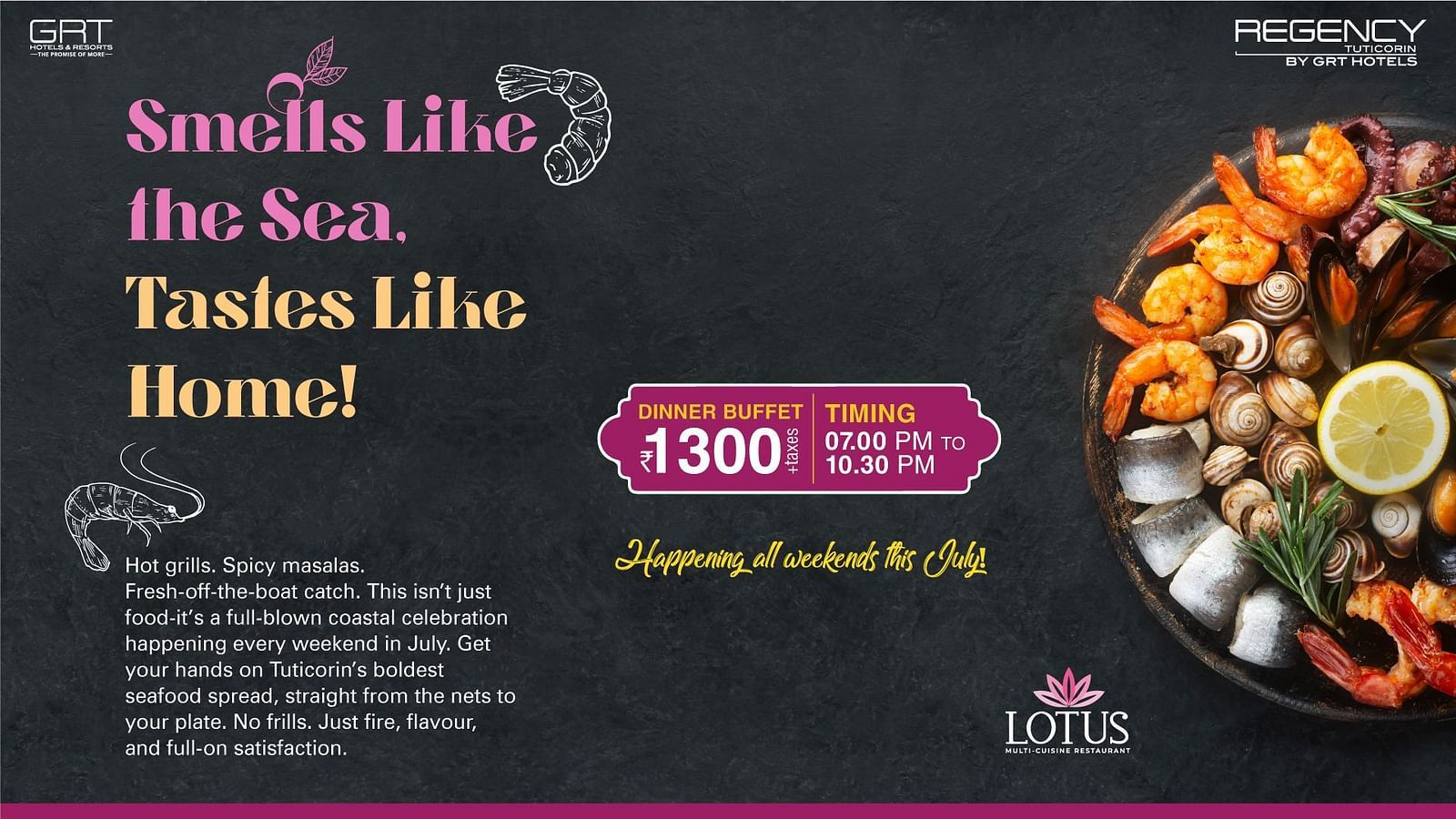 Promotional poster for the seafood buffet at Lotus, Regency Tuticorin by GRT Hotels. Features seafood platter, price, and “Smells Like the Sea” tagline.