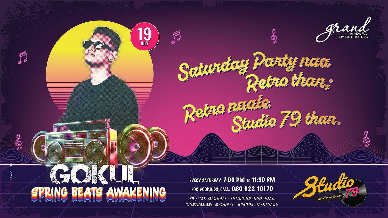 Promotional image for Saturday Retro Party with DJ Gokul at Studio 79, Grand Madurai. Includes event date, time, and venue information.
