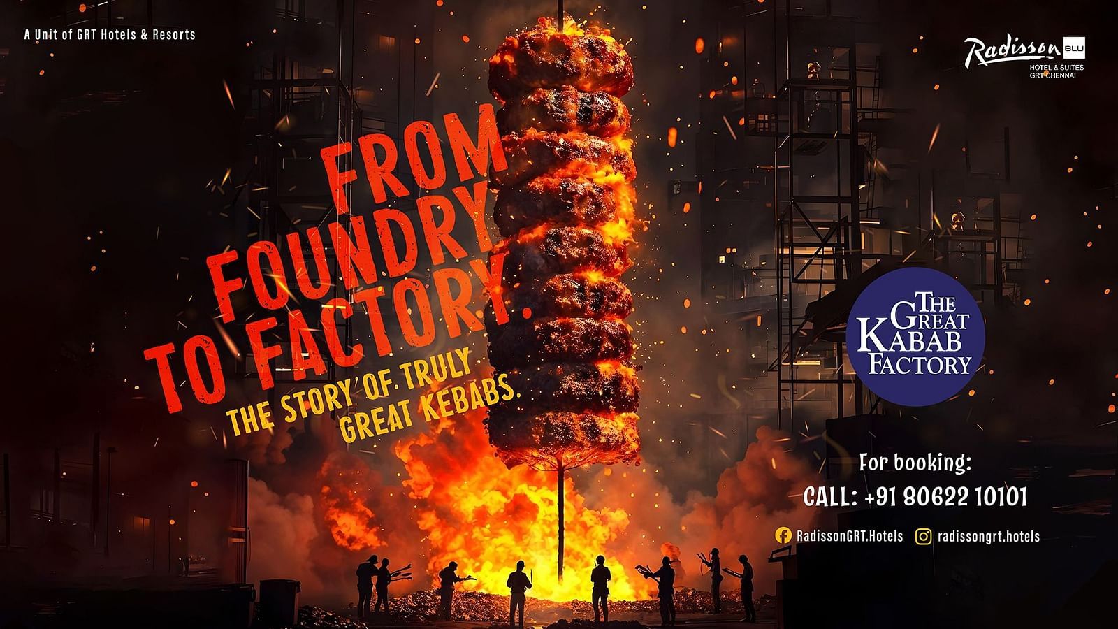 Fiery skewer of kebabs in an industrial foundry setting with bold text “From Foundry to Factory – The Story of Truly Great Kebabs” for The Great Kabab Factory.