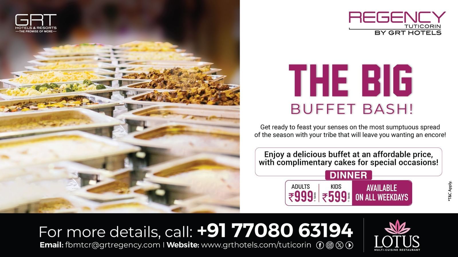 A promotional banner for The Big Buffet Bash at Regency Tuticorin, showing a long buffet line and dinner pricing.