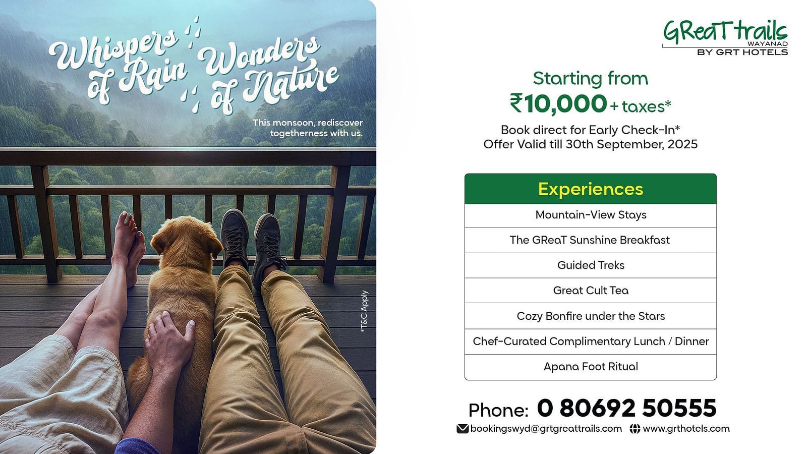 Great Trails Wayanad offer: Couple, dog, forest balcony, package from ?10,000, with activities like safaris, trekking, and visiting waterfalls