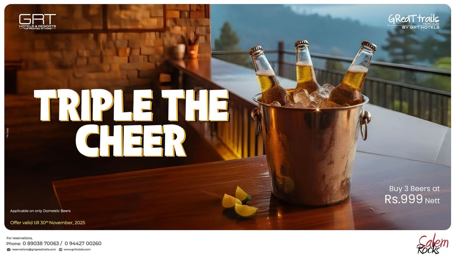 Promotional creative for TRIPLE THE CHEER displaying three beer bottles in an ice bucket on a terrace with a scenic, mountainous backdrop.