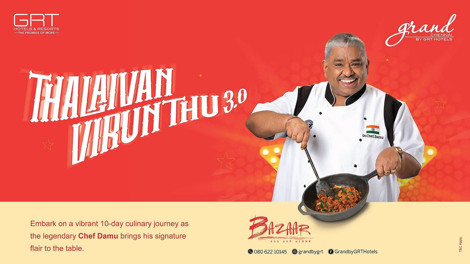 Red promotional banner featuring Chef Damu in white uniform cooking in a pan, advertising Thalaivan Virunthu 3.0 at Bazaar, Grand Chennai by GRT Hotels.