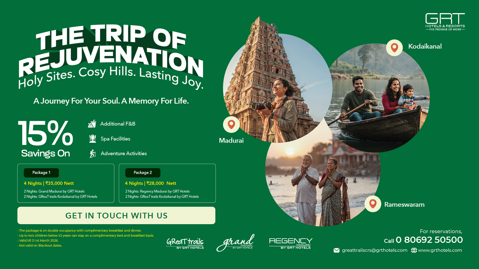 A green promotional poster for The Trip of Rejuvenation highlighting a 15 percent savings offer with images of nature, wellness activities and travel experiences.