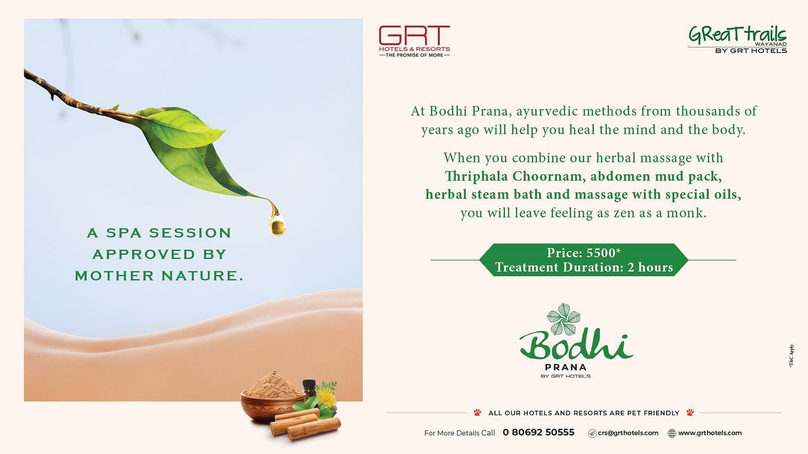 Spa banner for Bodhi Prana featuring herbal visuals, dripping leaf, and ancient ayurvedic wellness.