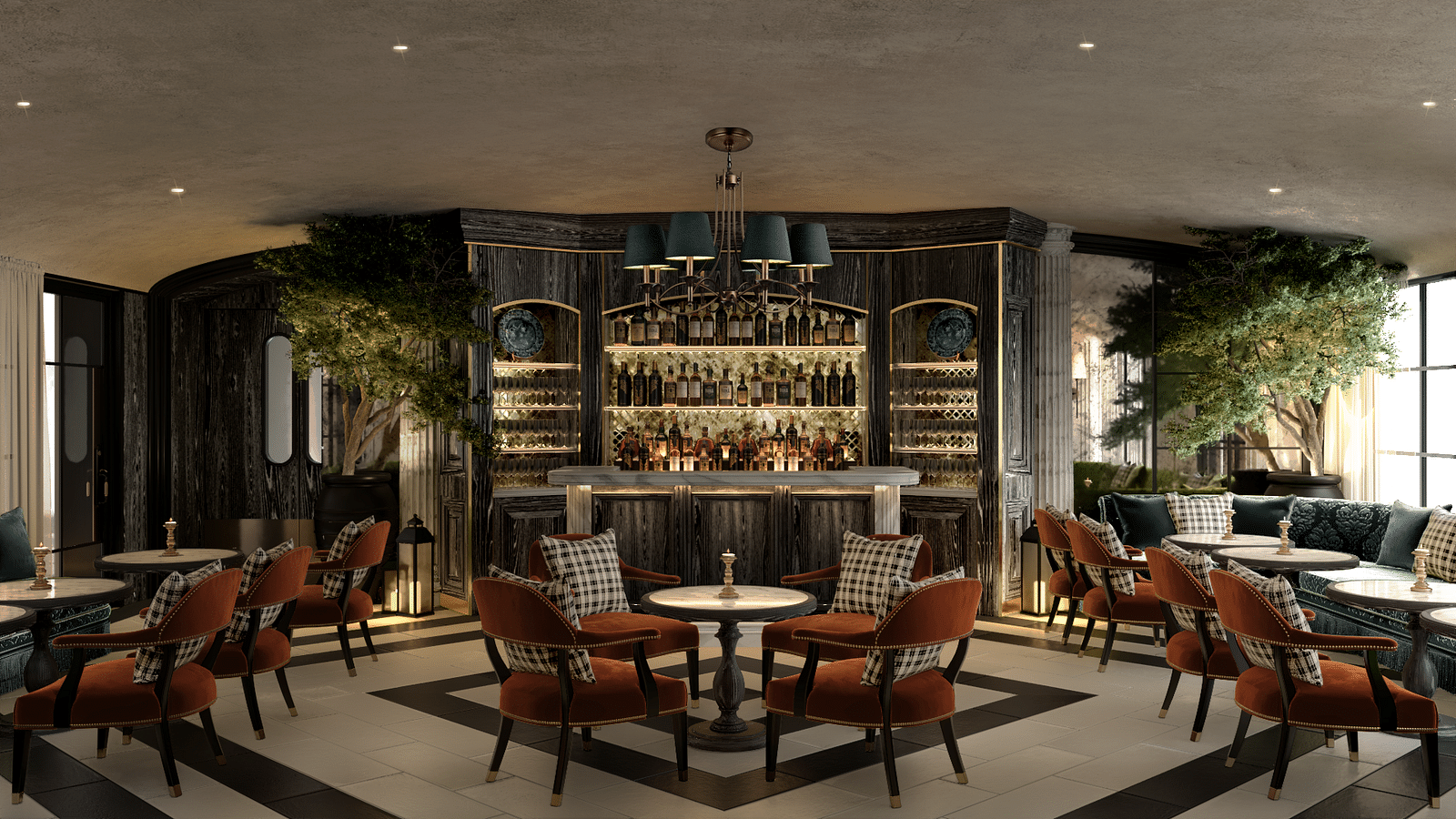 front view image of the bar area at kertel suites in kinshasa with comfortable cushioned chairs
