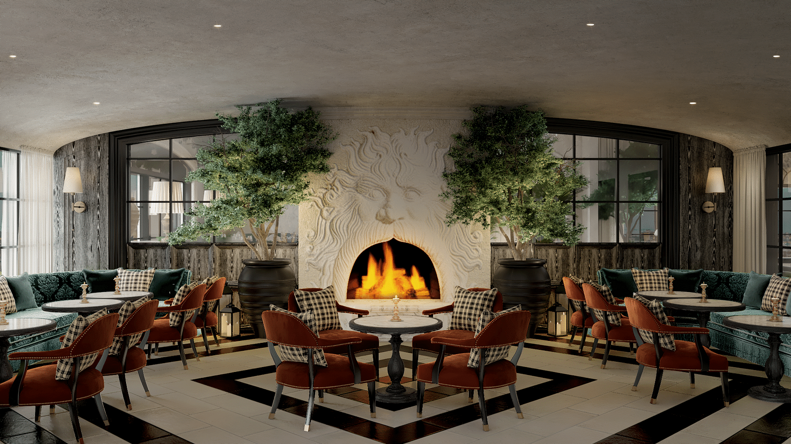 image featuring a fire place in a restaurant at kertel suites, kinshasa with will arranged chairs