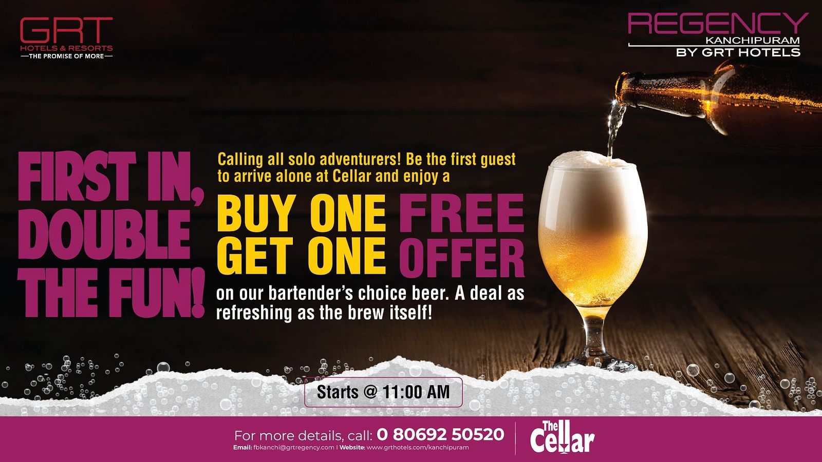 The image showcases a Buy One, Get One Free beer offer at The Cellar, Regency Kanchipuram